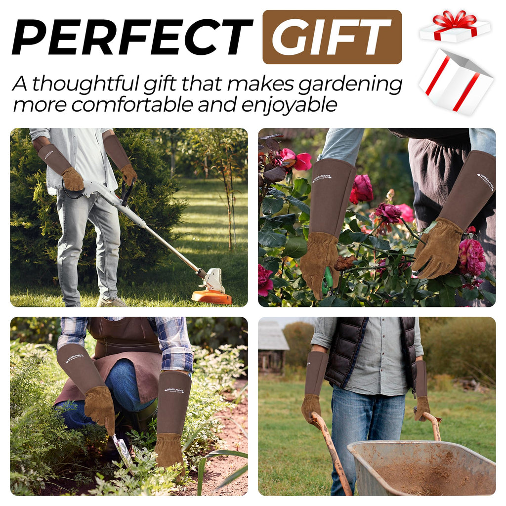 HLDD HANDLANDY Long Gardening Gloves for Women Men - Leather Rose Pruning Gloves Thorn Proof - Breathable Working Glove for Planting, Weeding, Yard Work