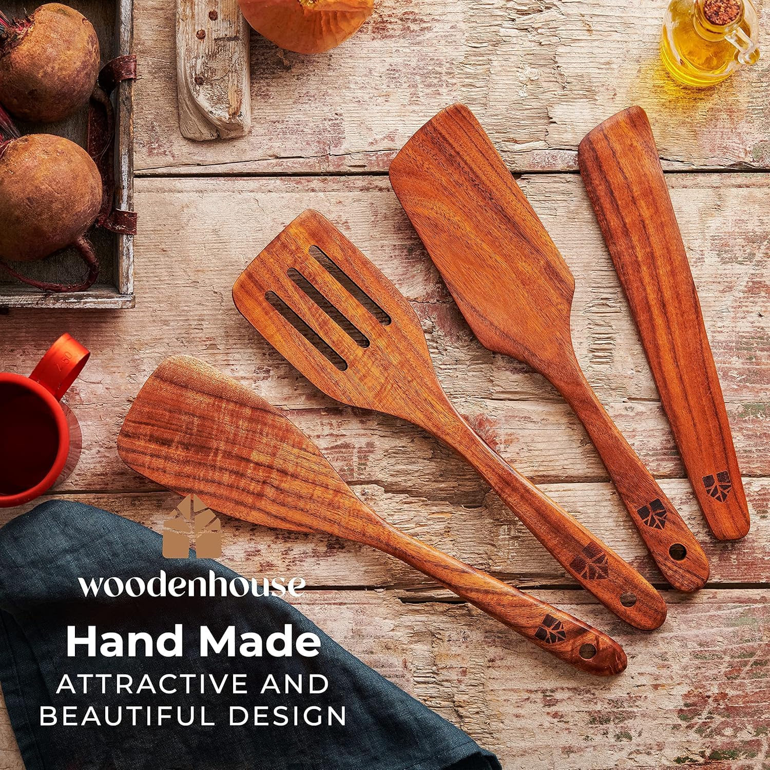 Wooden Spatula for Cooking, Kitchen Spatula Set of 4, Natural Teak Kitchen Utensils Including Paddle, Turner, Slotted Spurtle and Wood Scraper - Nonstick cookware