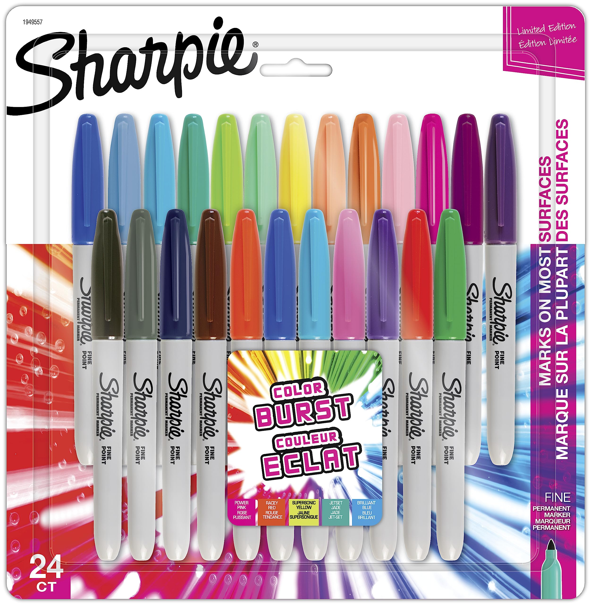 Sharpie Colour Burst Permanent Markers, Fine Point, Assorted Colours, 24 Count