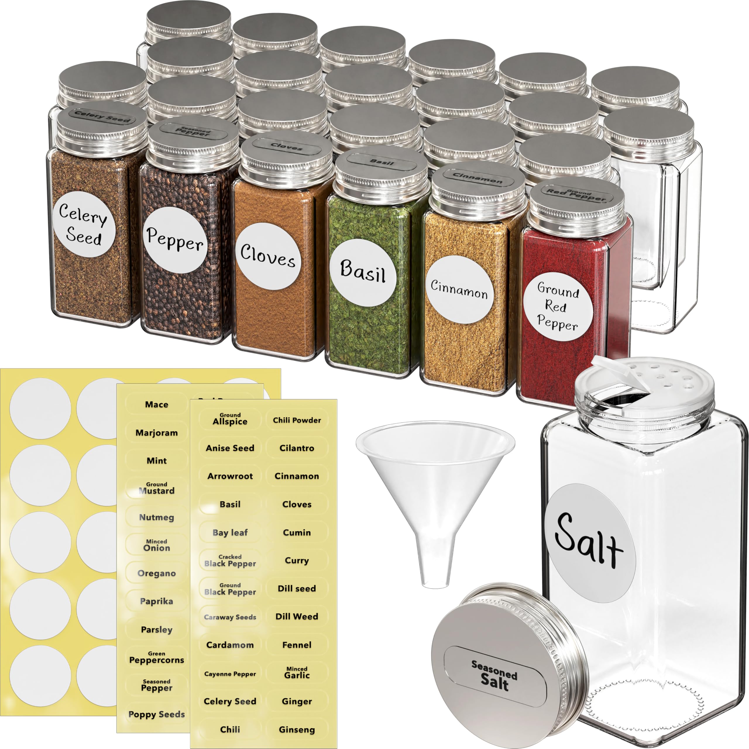 Simple Houseware Spice Jars 24 Pack-4oz Glass Square Bottles with Labels