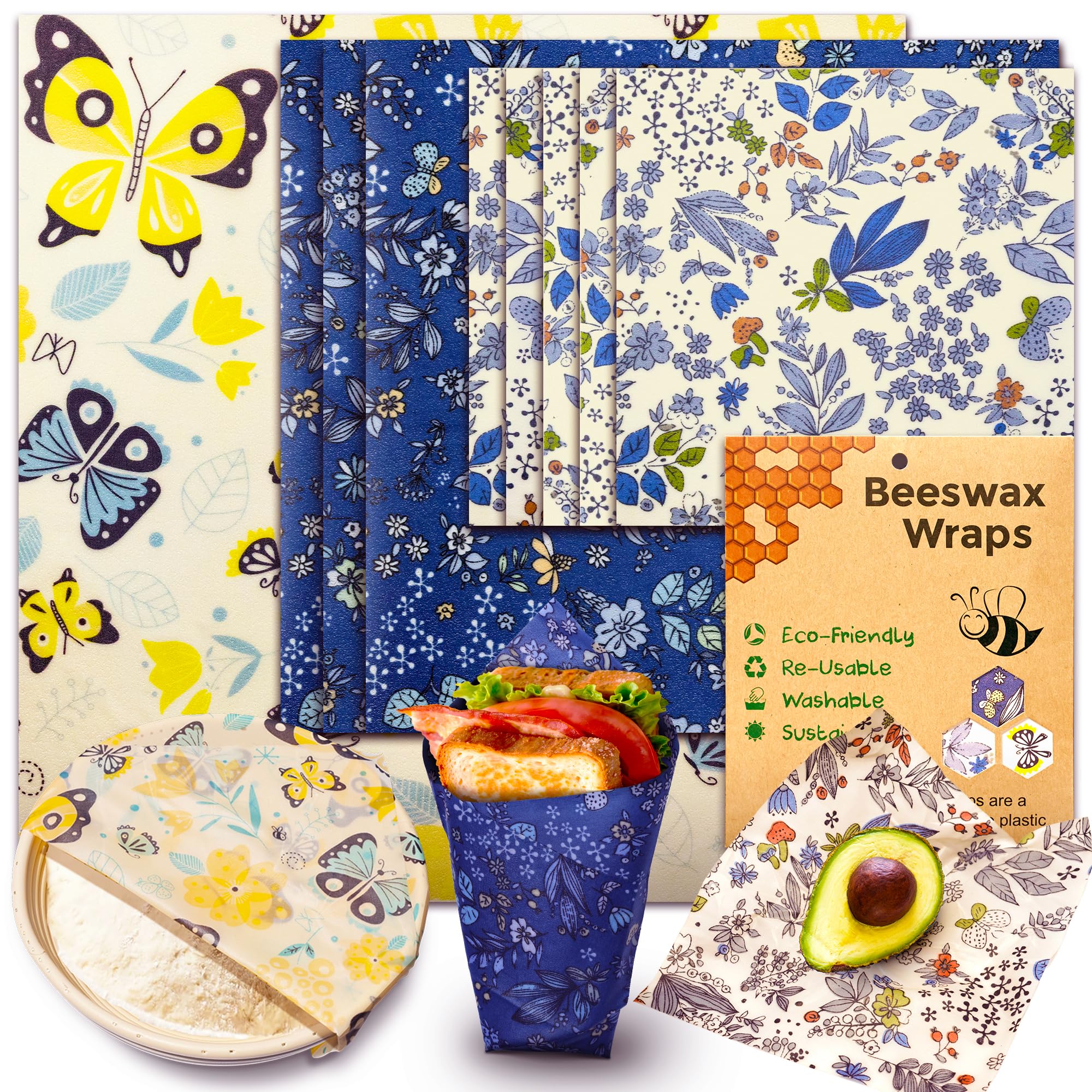 OHIYO Reusable Beeswax Wraps for Food, 9 Pack Organic Cotton Beeswax Paper (1XL+3M+5S), Bread Sandwich Wrap, Suitable for Bowls, Fruit, Cheese, Burger