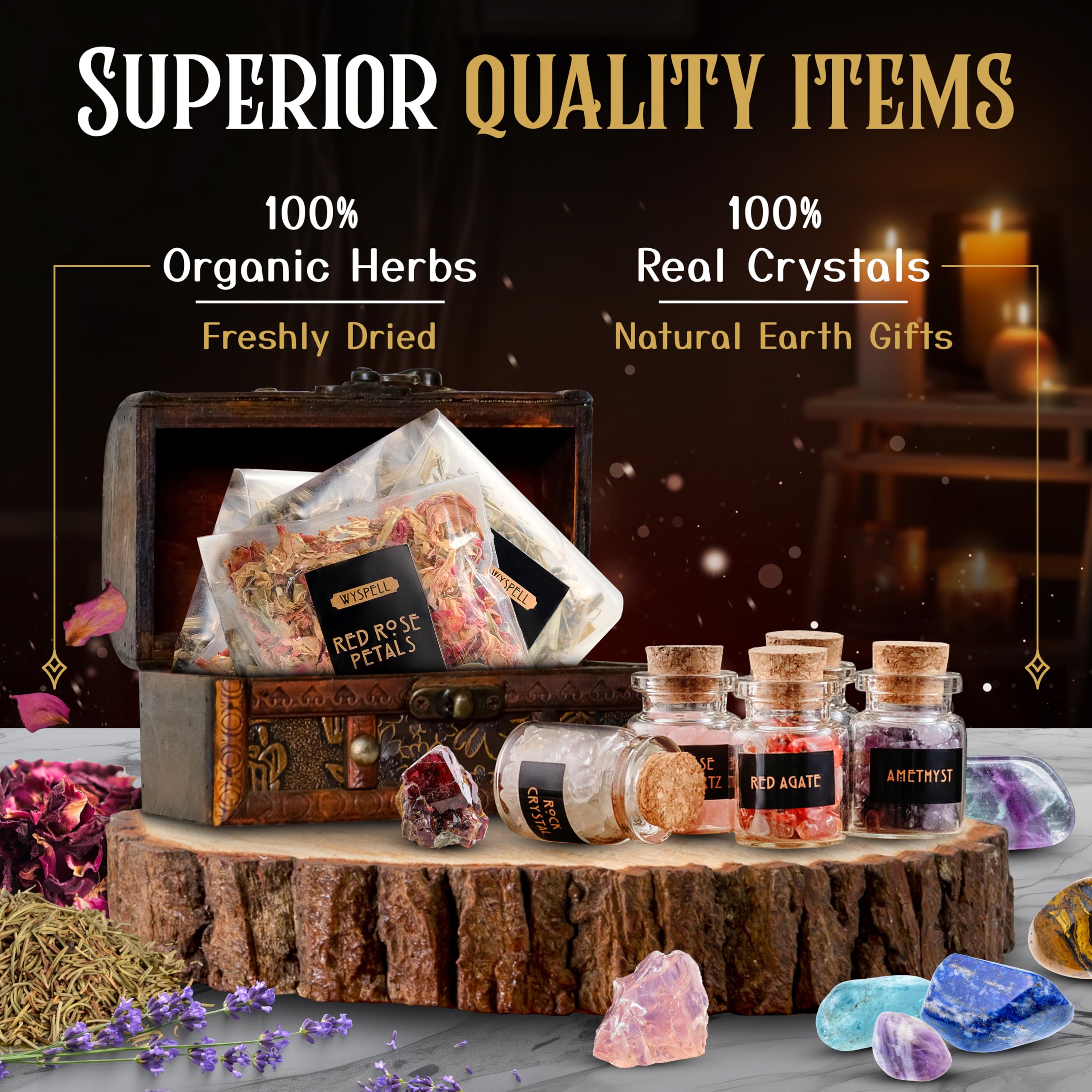 Wyspell Witchcraft Supplies Kit - 54PCS - Witch Kit for Altar: Spell Candles, Dried Herbs, Healing Crystals in Jars - Wiccan Supplies & Tools - Witchy Gifts for Beginners