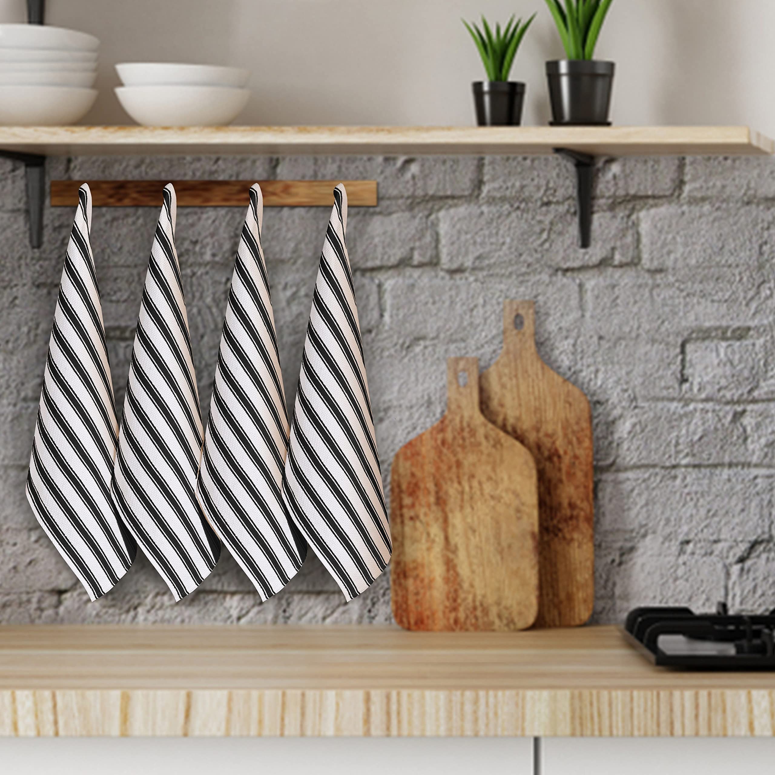 Cotton Clinic Set of 6 Vintage Stripe Cotton Kitchen Dish Towels 16x26, Tea Towels and Cleaning Towels, Kitchen Towels with Hanging Loop, Black White