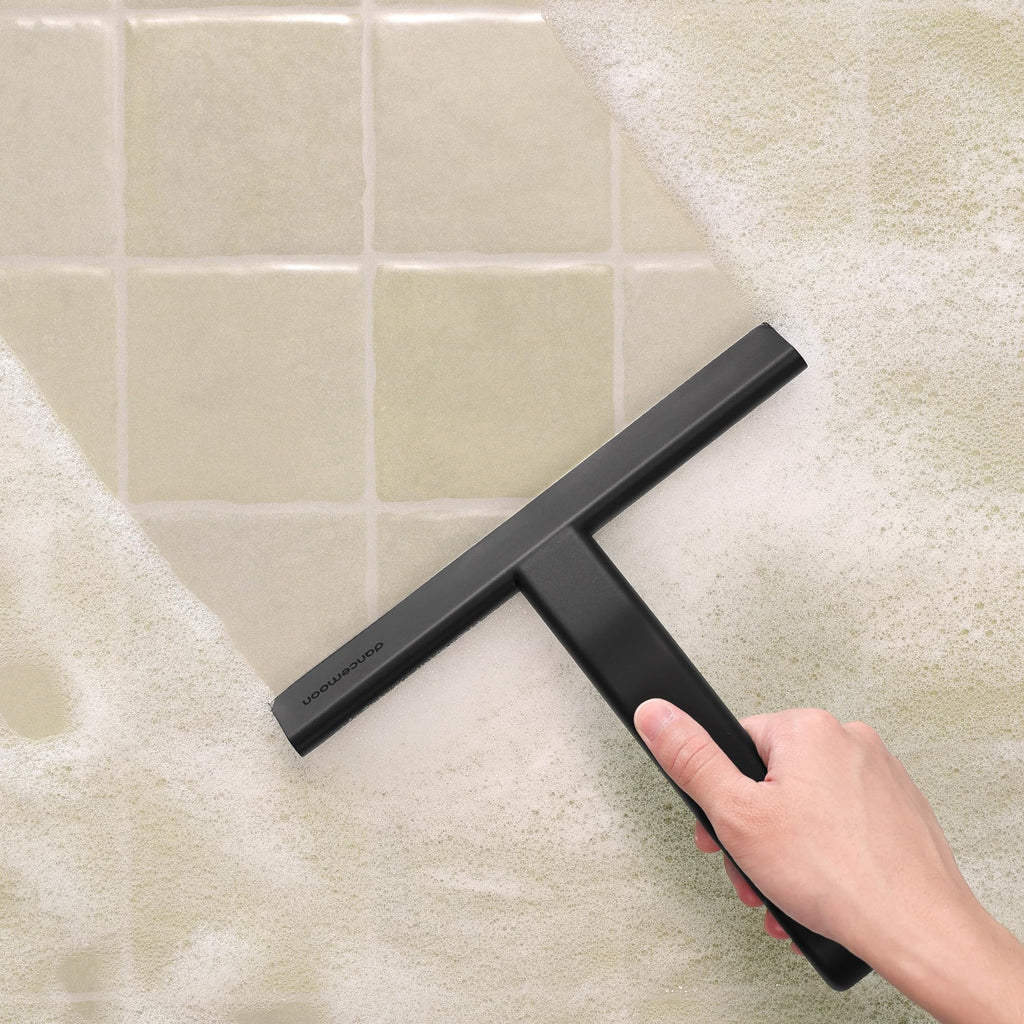 dancemoon JustHang Shower Squeegee for Glass Doors, All-One-Piece Silicone with Built-in Hook Design for Easy Hanging, Household Window Mirror Squeegee for Bathroom, Glass, Tile Wall,Car 10-Inch Black