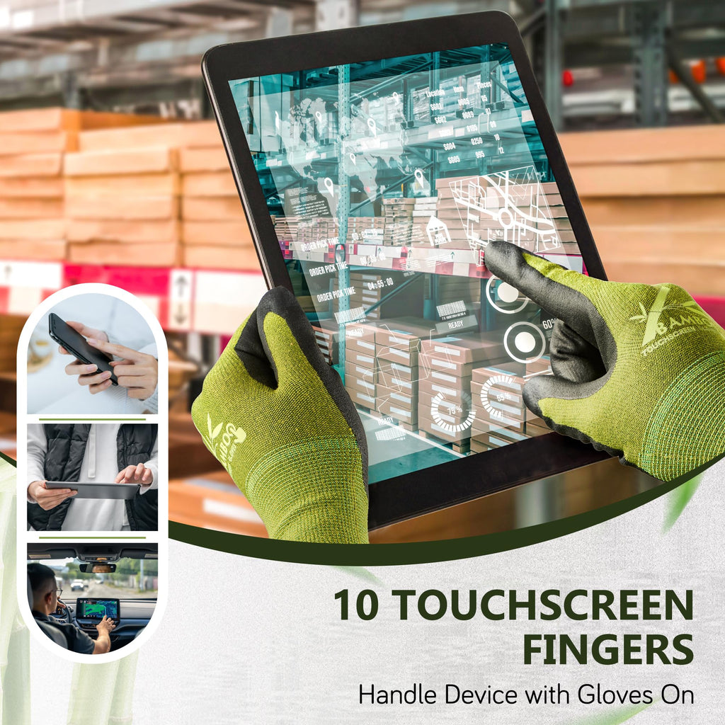 COOLJOB 2 Pairs Bamboo Gardening Work Gloves for Women and Men, Breathable Rubber Coated with Touch Screen, Non Slip Grip for Workers, Gardeners, Drivers, Green, Small