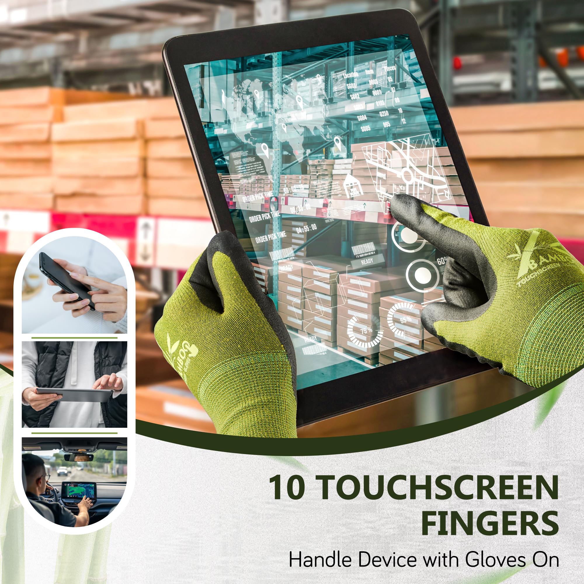 COOLJOB 2 Pairs Bamboo Gardening Work Gloves for Women and Men, Breathable Rubber Coated with Touch Screen, Non Slip Grip for Workers, Gardeners, Drivers, Green, Small
