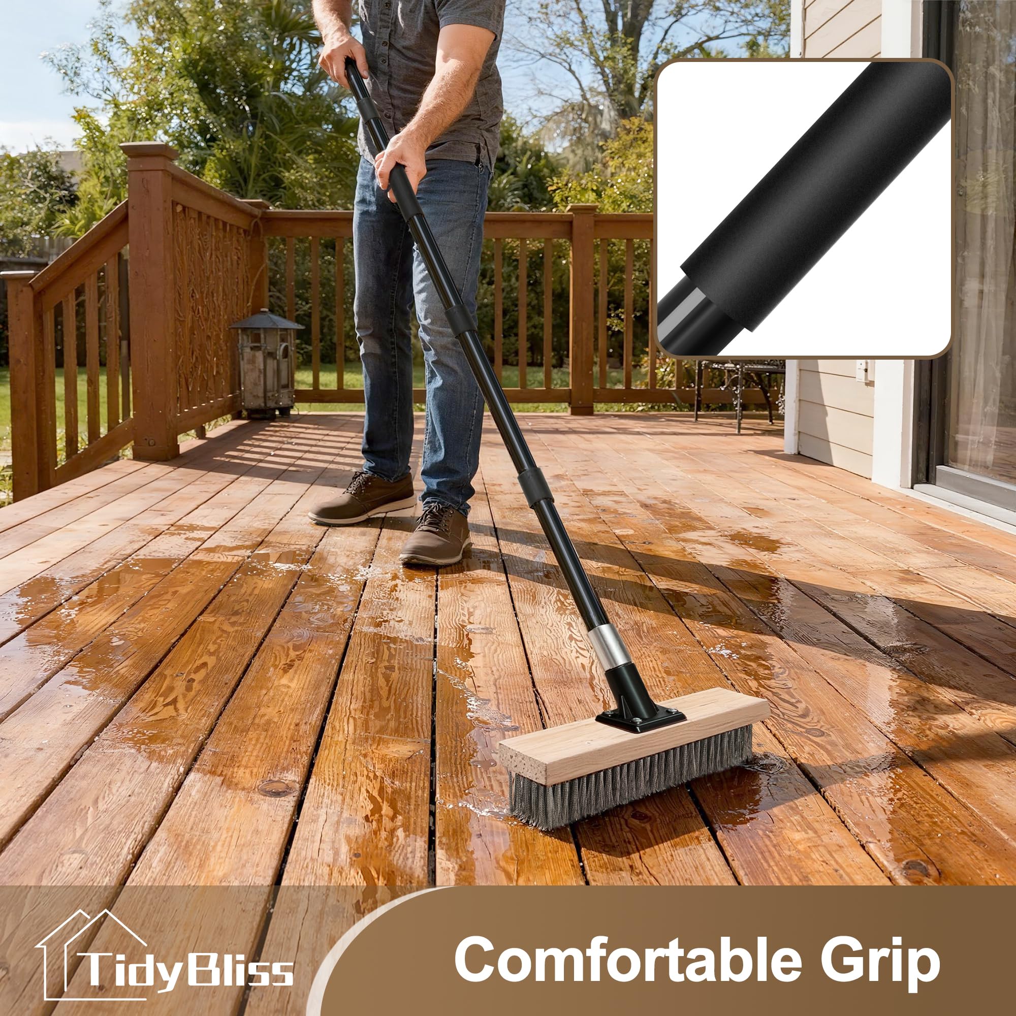 TidyBliss Stainless Steel Wire Scrub Brush with Long Handle, Heavy Duty Stiff Metal Broom Scrubber, Outdoor Moss Removal for Concrete Floor, Deck, Garden, Patio, Roof, Brick, Garage, Swimming Pool
