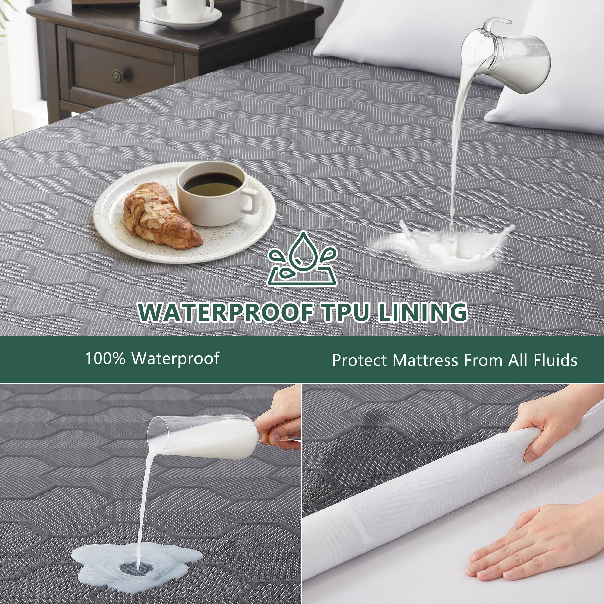 Queen Size 100% Waterproof Mattress Protector, Mattress Pad Cover 3D Air Fabric, Noiseless & Breathable Mattress Pad Fitted Style with Stretchable Pockets,Ultra Soft & Machine Washable (Carbon Gray)
