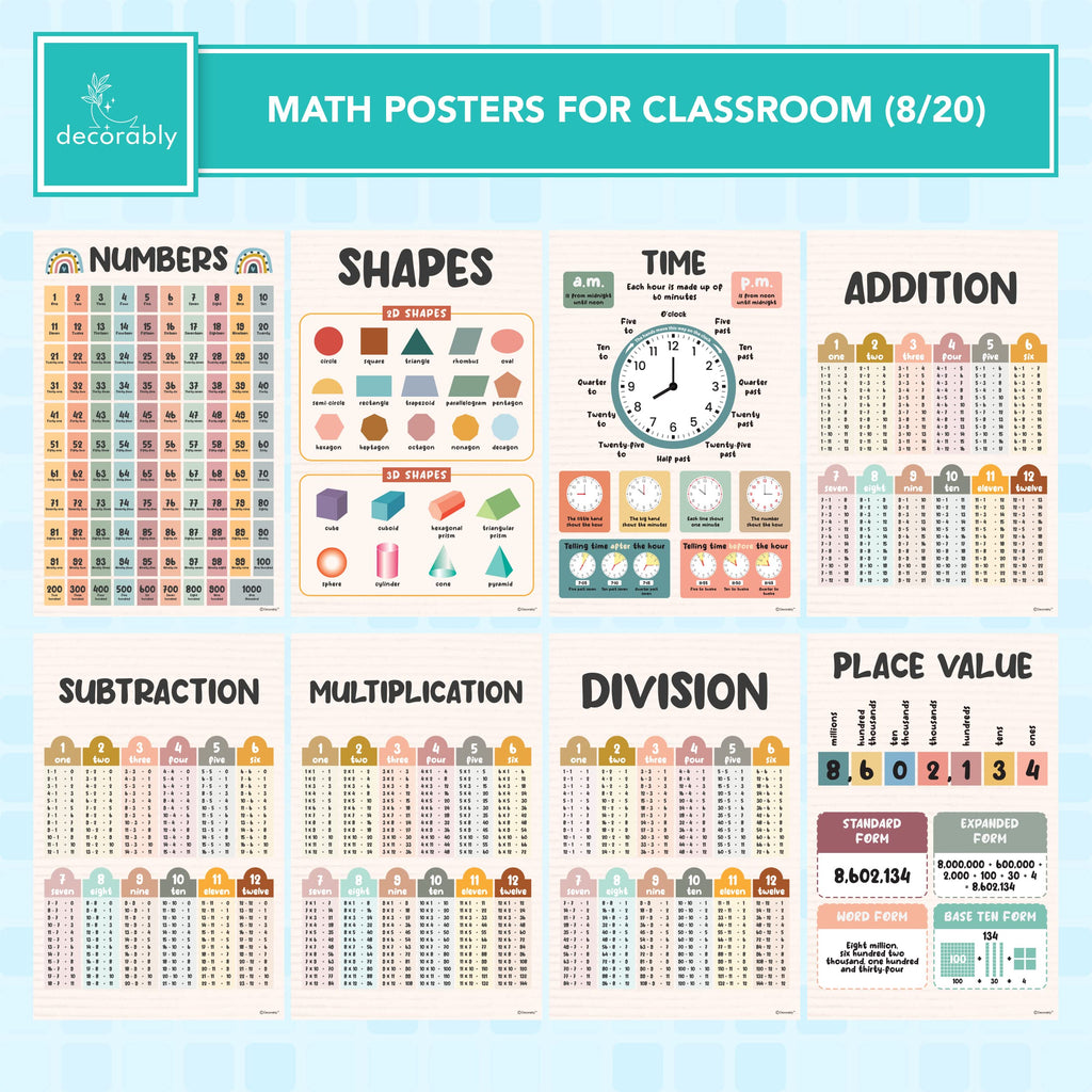 Decorably 20 Boho Math Posters for Classroom, 11x17in Matte-Laminated Educational Math Charts for Kids - Classroom, Bulletin Boards, Homeschool