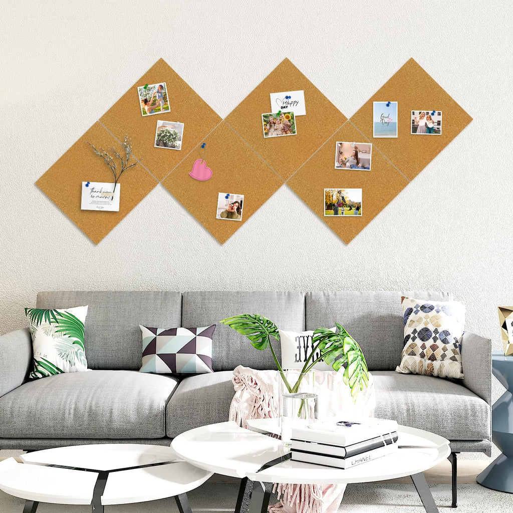 AMUSIGHT Cork Board Tiles, 6 Packs 12" x 12" 1/2" Thick Cork Bulletin Board Pin Board Self Adhesive Cork Boards for Walls with 60 Pushpins for Home Office Kitchen School