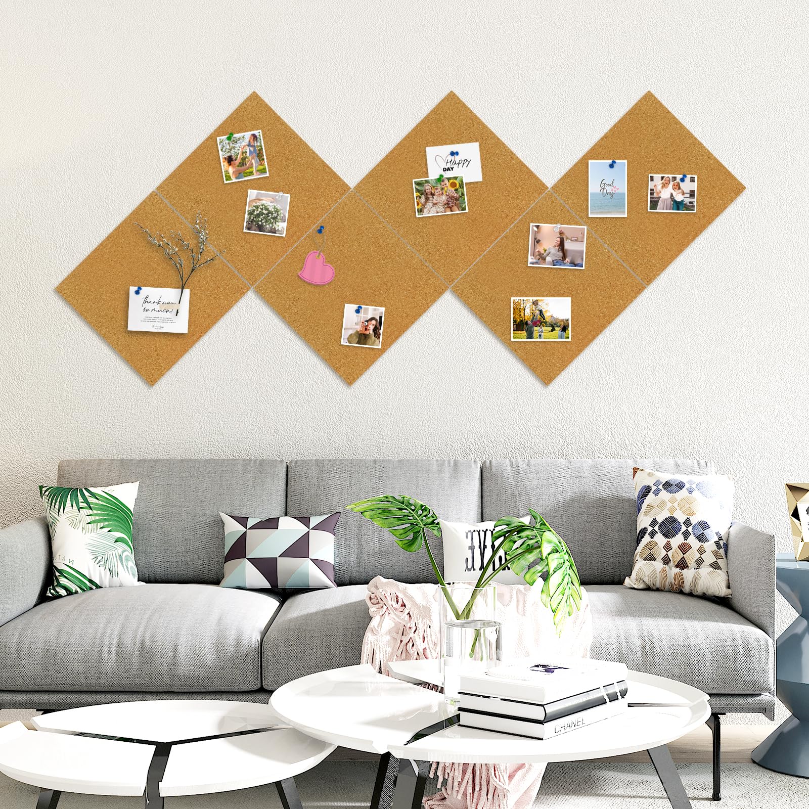 AMUSIGHT Cork Board Tiles, 6 Packs 12" x 12" 1/2" Thick Cork Bulletin Board Pin Board Self Adhesive Cork Boards for Walls with 60 Pushpins for Home Office Kitchen School