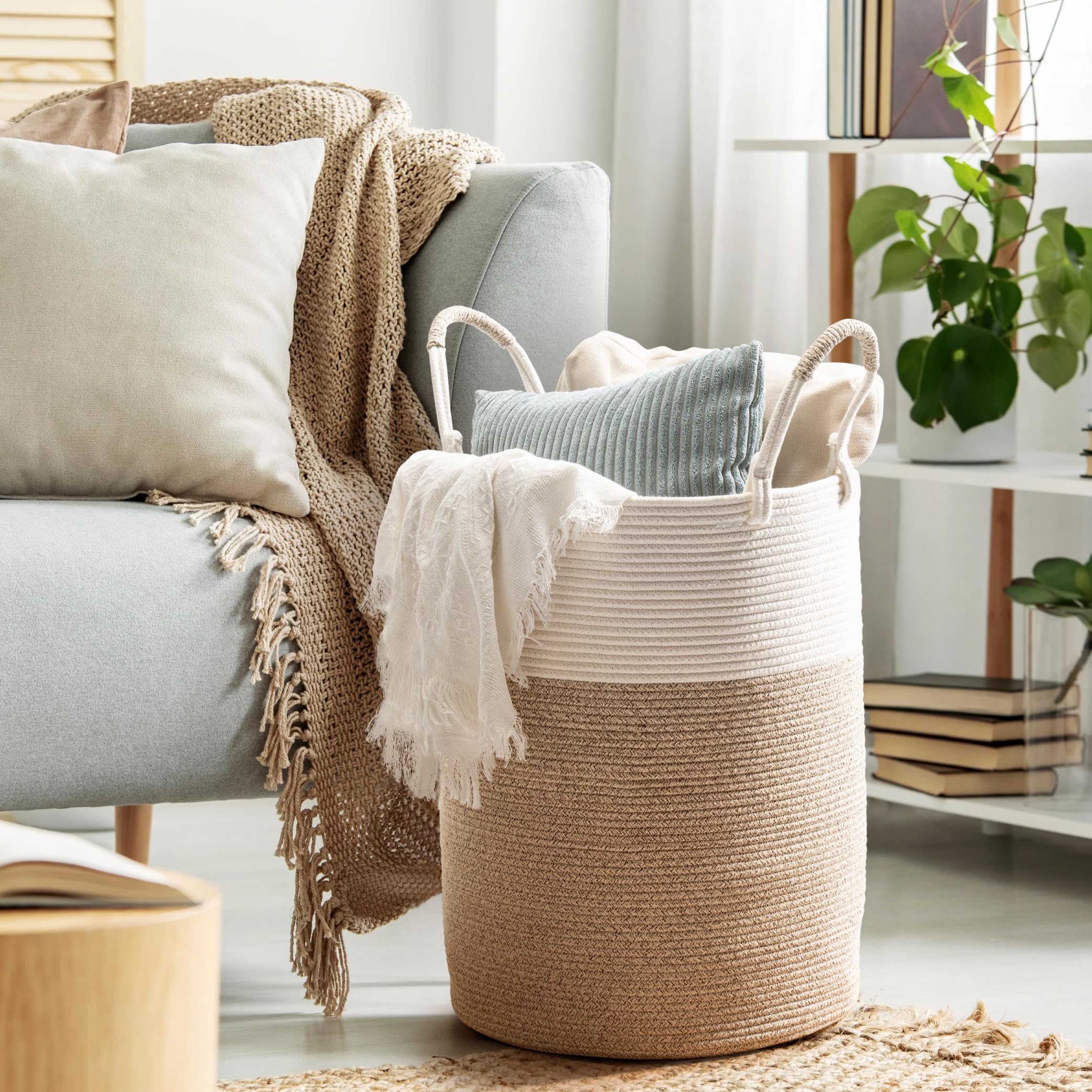 Kodomoore Laundry Basket Hamper – Woven Cotton Rope Nursery Hamper for Clothes, Blankets, Yoga Mat – Boho Basket for Living Room – 15”D x 18”H – White & Beige Brown