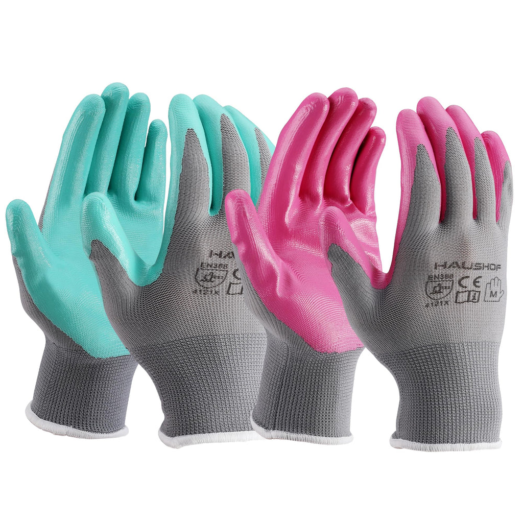 HAUSHOF 6 Pairs Garden Gloves for Women, Nitrile Coated Working Gloves, for Gardening, Restoration Work, Pink & Green, M