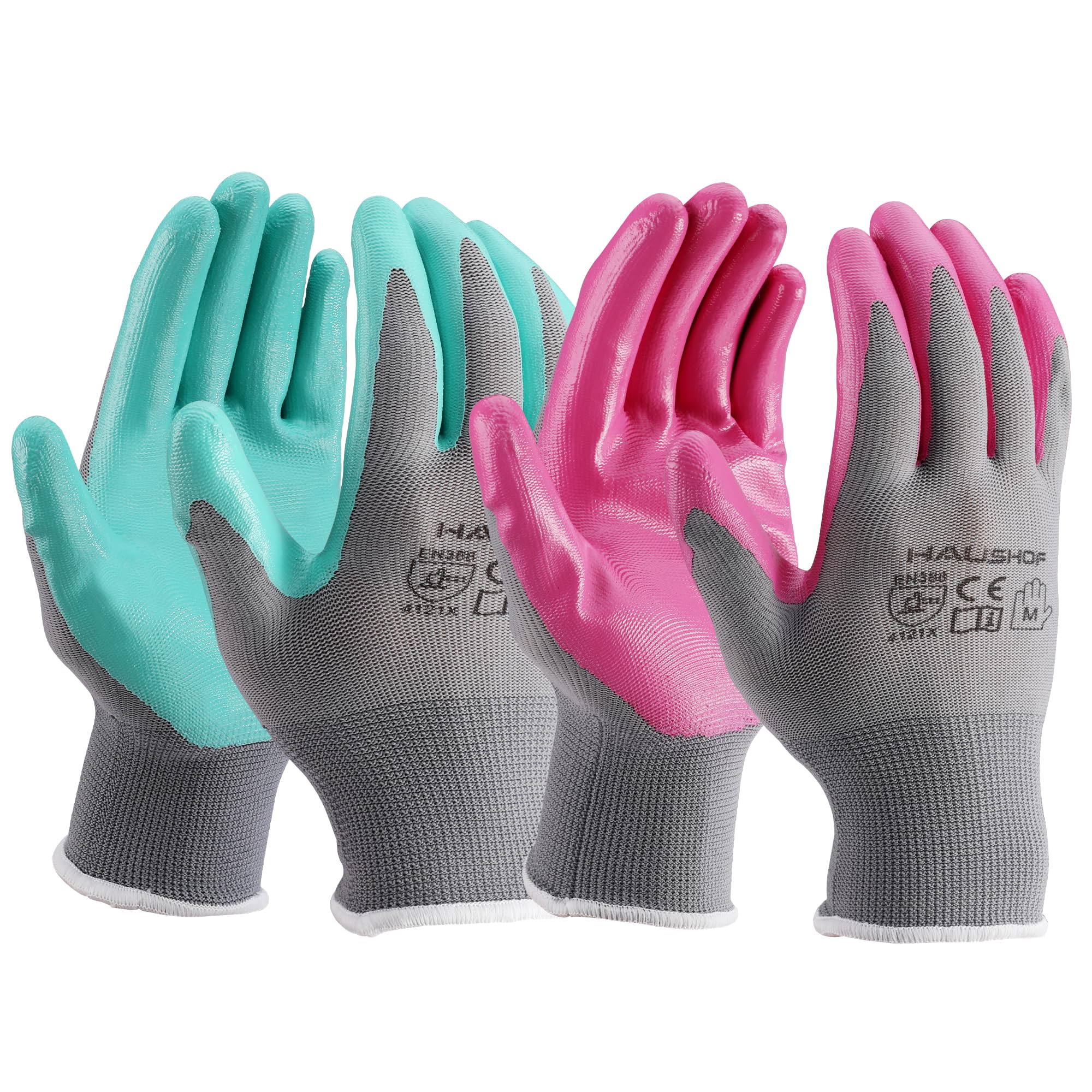 HAUSHOF 6 Pairs Garden Gloves for Women, Nitrile Coated Working Gloves, for Gardening, Restoration Work, Pink & Green, M