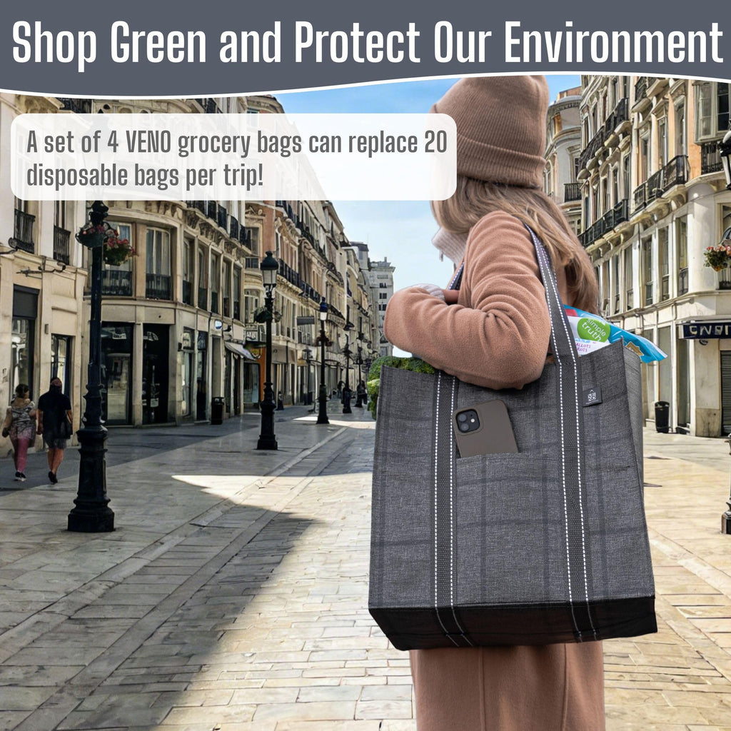 VENO 4 Pack Reusable Grocery Shopping Bags Foldable, Sac Reutilisable Epicerie, Grocery Tote Bags w/Hard Bottom, Multipurpose Utility Tote Bags (Windowpane, 4 Pack)