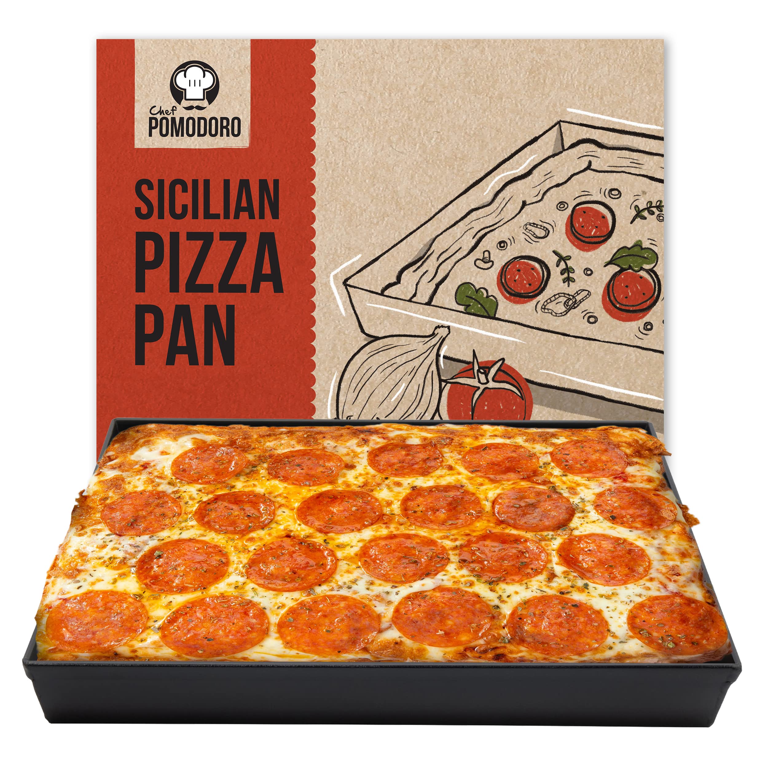 Chef Pomodoro Sicilian Deep Dish Square Pizza Pan, 13.2 x 13.2 Inch, Non-Stick Aluminum, Focaccia Crust, Dough Pre-Seasoned Bakeware Kitchenware