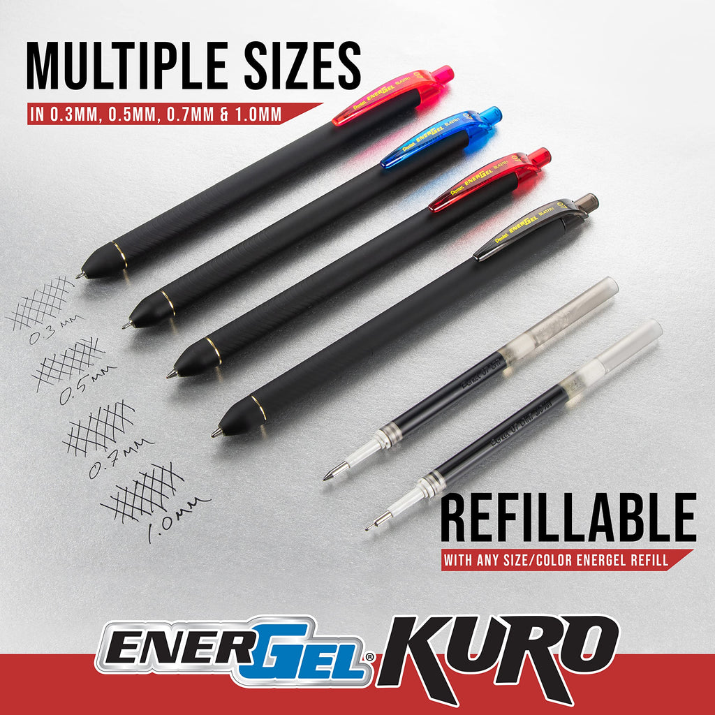 Pentel EnerGel Kuro Retractable Liquid Gel Pen, Shades of Black, 0.7mm tip, Assorted black ink, Pack of 5 pens (BL437PF5MA)