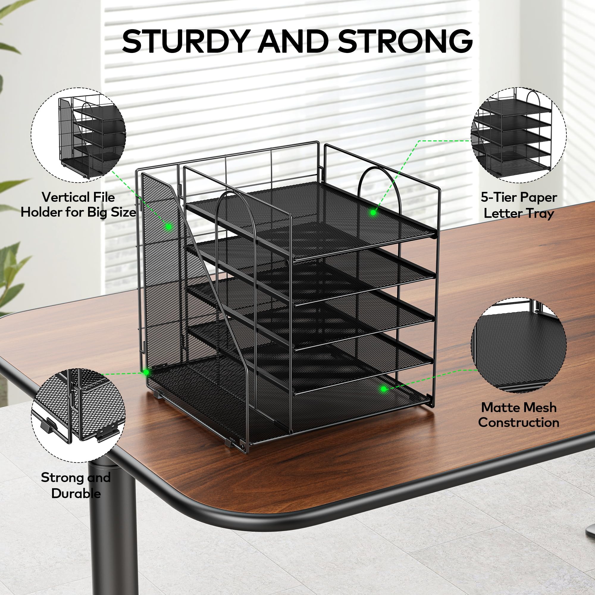 Auvo ADO04 Metal Mesh Desk Organizer, 5-Tier Paper Letter Tray with File Holder, Vertical Magazine/File Holder, Desktop Organizer for Office Supplies, Black
