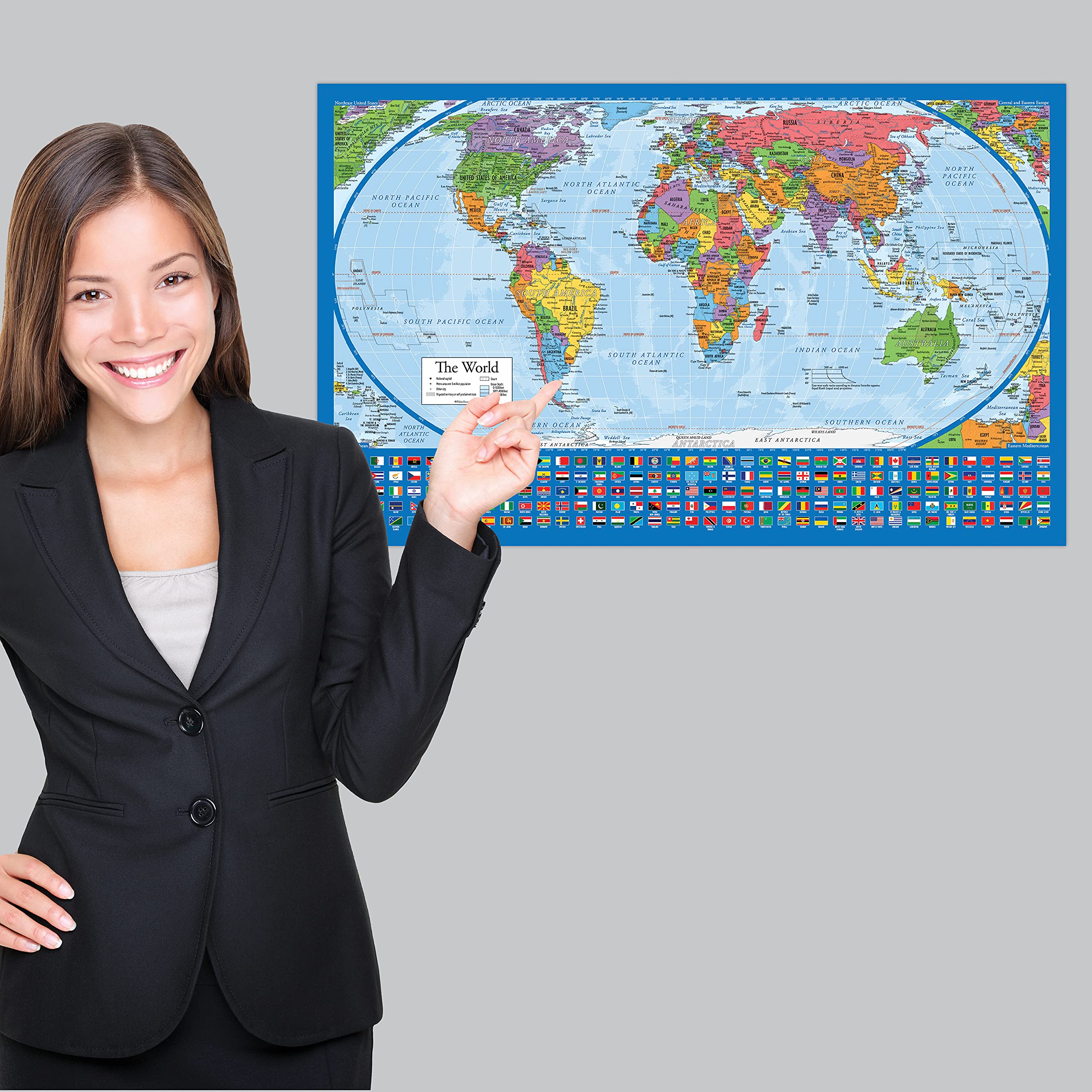 Equal Earth World Map Poster - map design shows continents at true relative size. (LAMINATED, 18” x 29”)