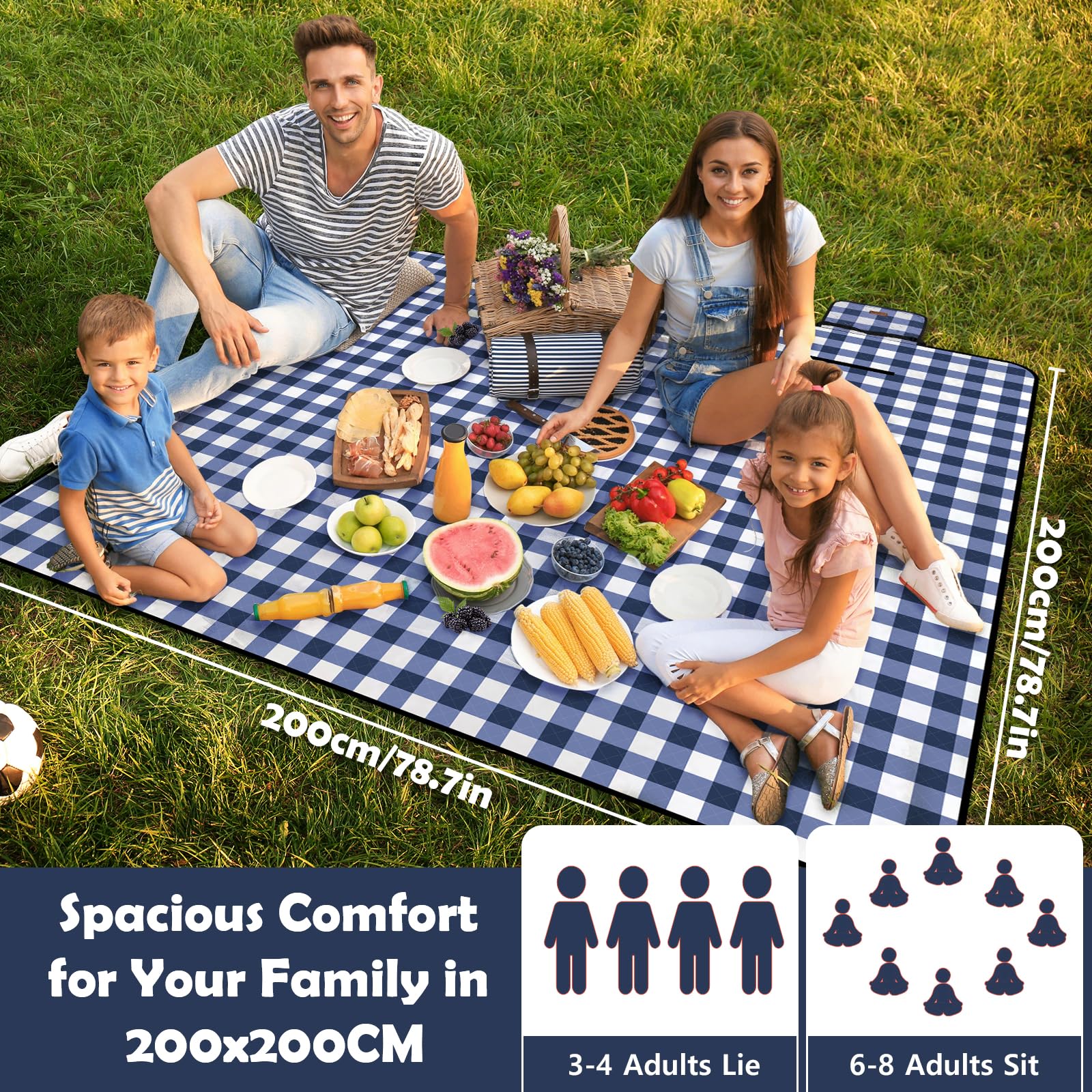 Ergohortus Picnic Blanket Waterproof, Extra Large Picnic Mat 79"X79", Sandproof Washable Camping Beach Blanket, Camping Accessories for Outdoor Activities, Blue
