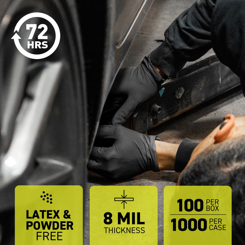 72HRS Industrial Grade 8 Mil Black Nitrile Gloves- Mechanic Gloves, Disposable Rubber Gloves, (Box of 100, Large)