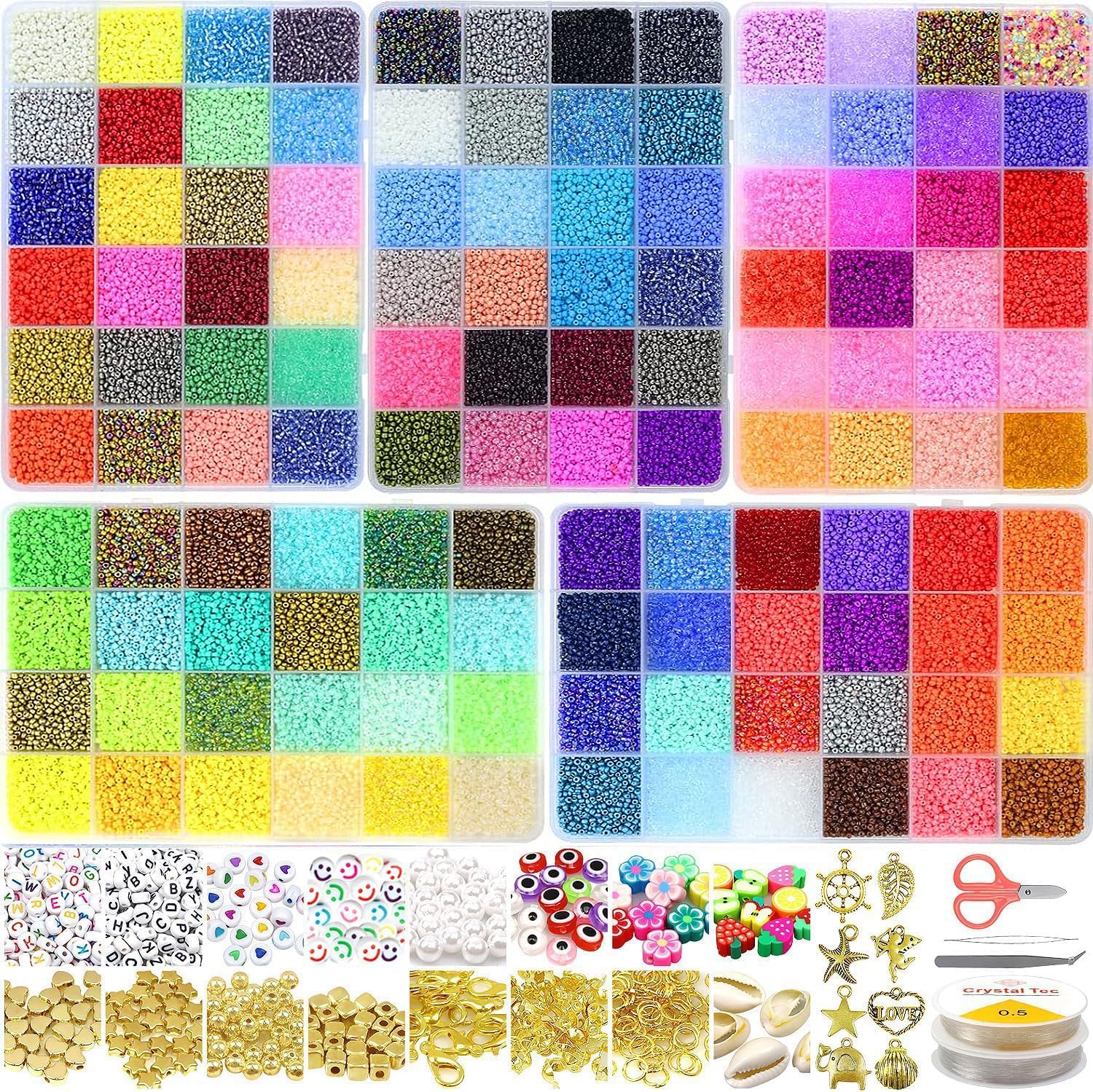 54000pcs Glass Seed Beads for Jewelry Making Kit, 120 Colors 2mm Small Beads Kit Bracelet Beads with Letter Evil Eye Beads Jump Rings & Charms Pendants for Bracelets Making, DIY, Art and Craft