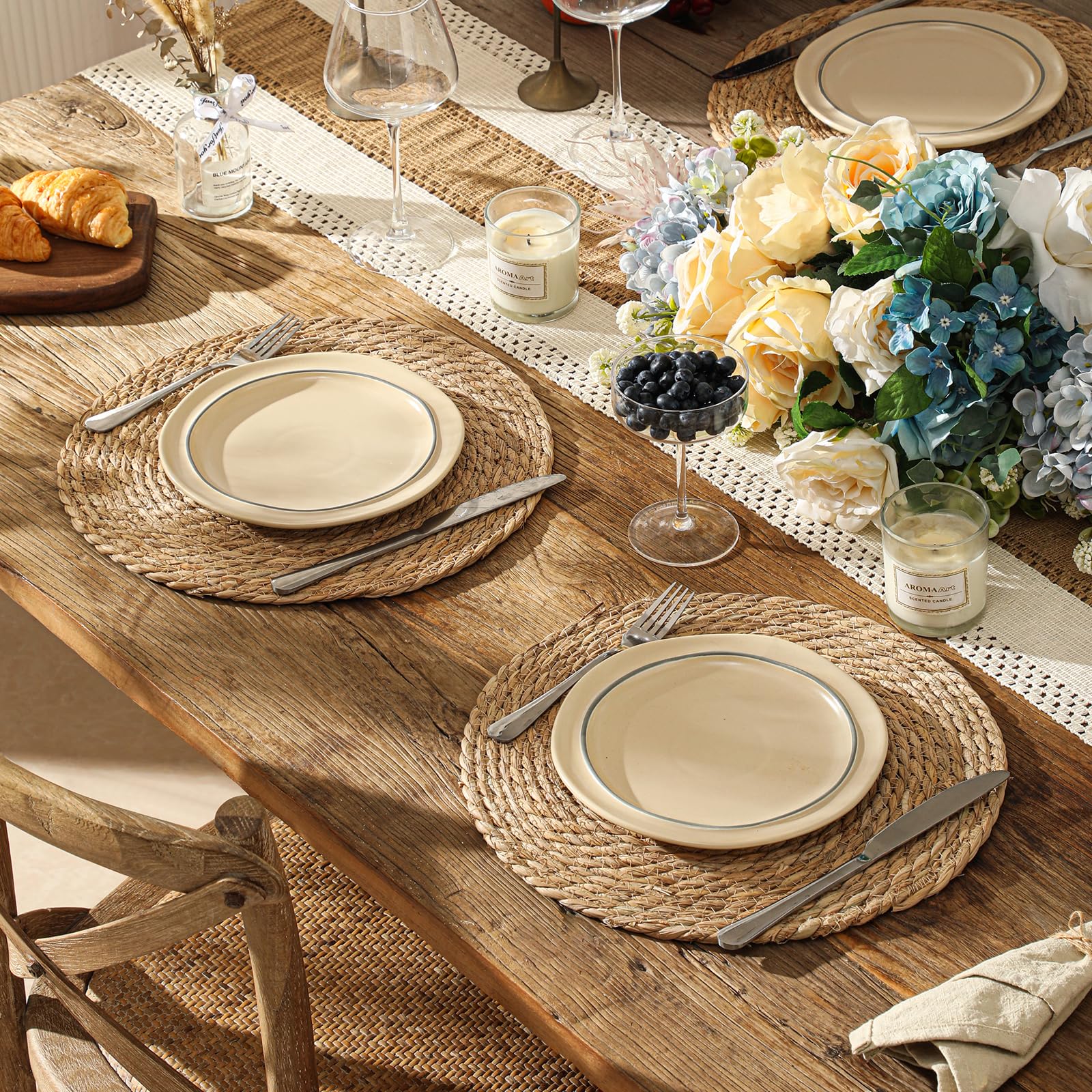 Round Woven Placemats Set of 6, 13.5 inch Boho Rattan Chargers for Dinner Plates, Rustic Wicker Place Mats, Hand-Woven from Natural Hyacinth, for Dining Table, Farmhouse, and Thanksgiving