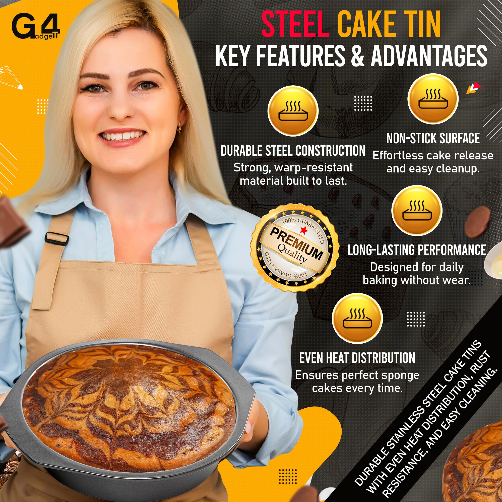 G4gadget 8 Inch Round Cake Pans, Non stick Deep Baking Pan for Round Layer & Cheese cake, Non-Toxic Healthy Metal Cake Tin for Birthday Wedding Party, Straight Side & Dishwasher Safe - Set of 2