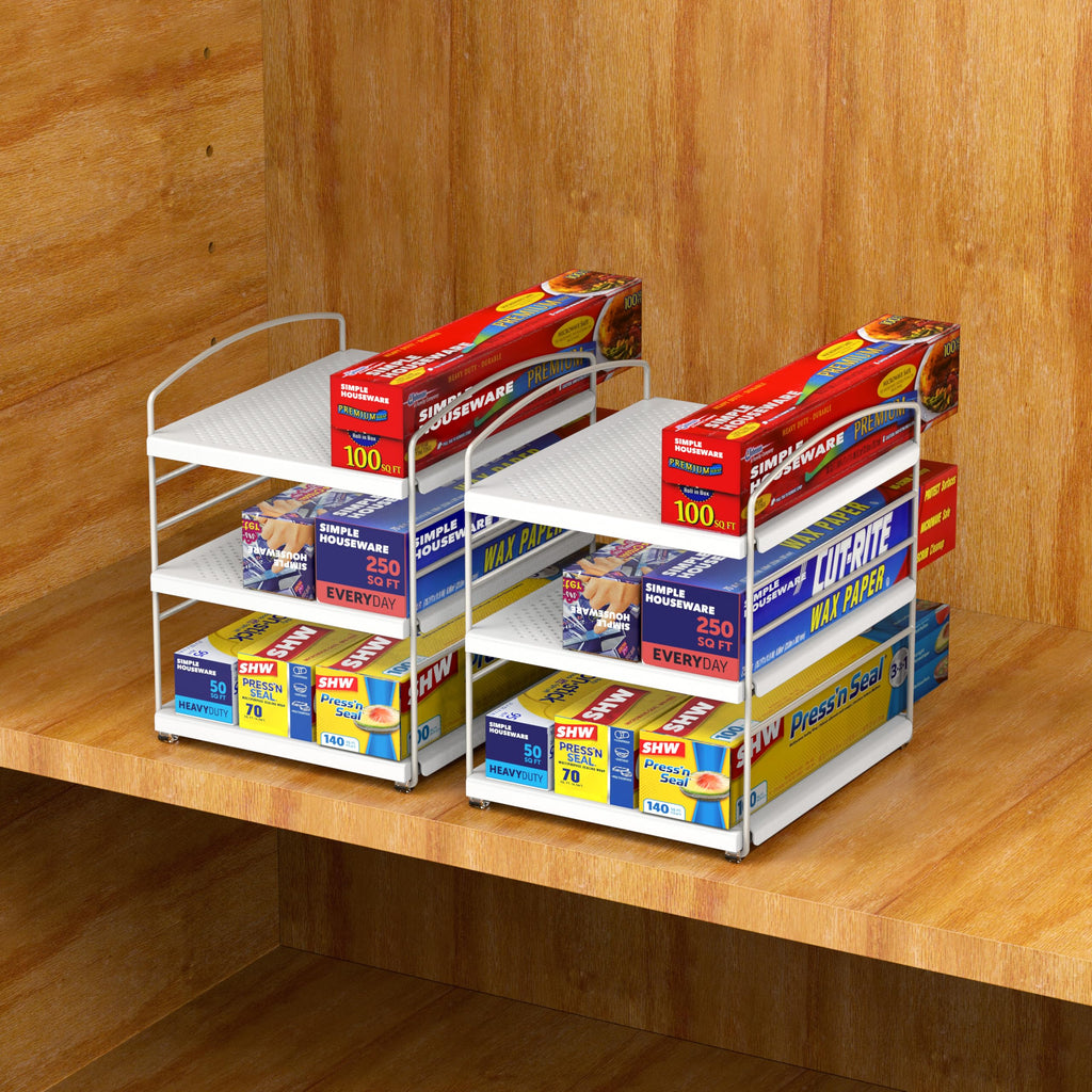 Simple Houseware Height Adjustable Kitchen Shelf Organizer, Aluminum Foil & Plastic Wrap Rack for Cabinet or Counter Storage, 9.5" D x 7.9" W x 9.8" H, White