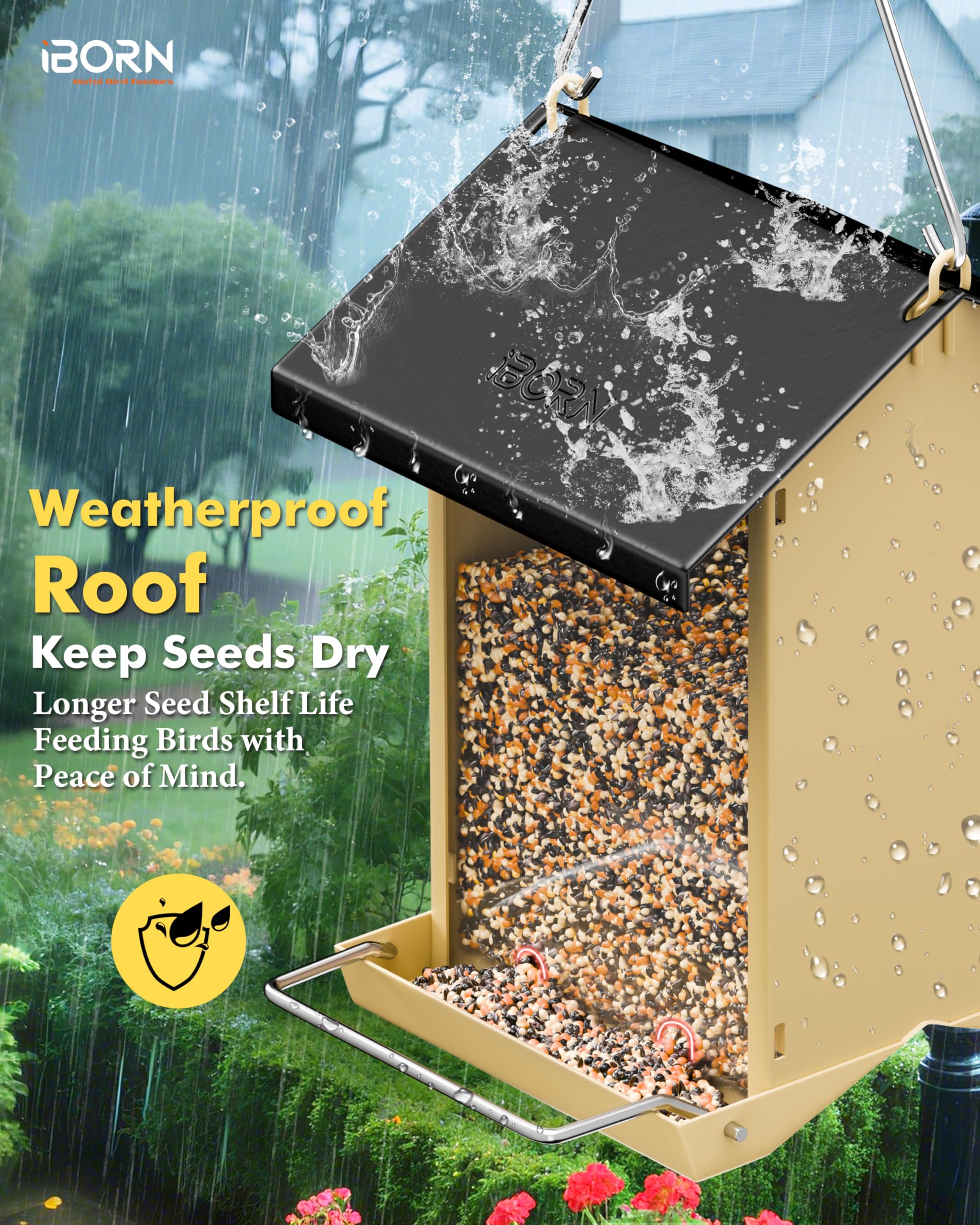 iBorn Bird Feeders for Outdoors,Bird Feeder with Weatherproof Metal Roof & 8 Drain Holes,Fully Detachable Birdfeeder Design,Easy Clean & Refill,Chew-Proof PC Windows,3.2 Lbs Capacity,Black Roof