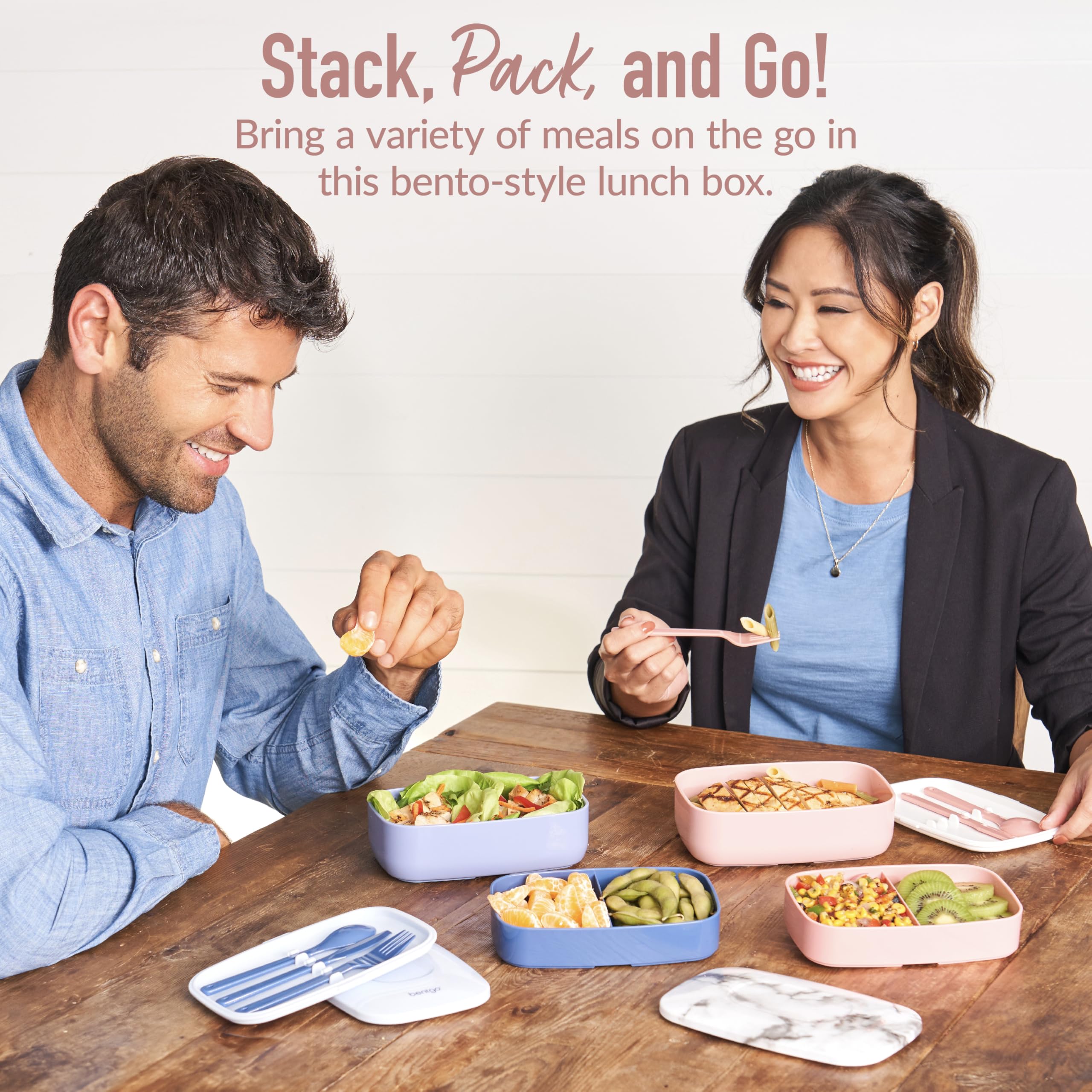 Bentgo Classic - All-in-One Stackable Bento Lunch Box Container - Modern Bento-Style Design Includes 2 Stackable Containers, Built-in Plastic Utensil Set, and Nylon Sealing Strap (Blush Marble)