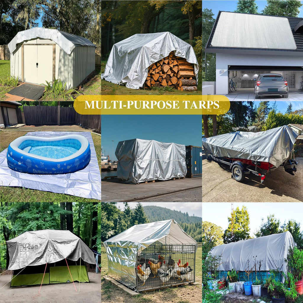 Silver Waterproof Tarpaulin-16 mil Heavy Duty Waterproof Tarpaulin,Multi-Purpose Protective Cover,UV and Tear Resistant,Outdoor Tarpaulin for Camping,Pool,car,Garden
