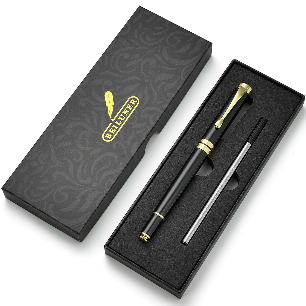 BEILUNER Ballpoint Pens, Stunning Black Chrome Metal Pen with Golden Trim, Best Ball Pen Gift Set for Men & Women, Professional, Executive, Office, Nice Pens-Gift Box with 0.5mm Black Extra Refill