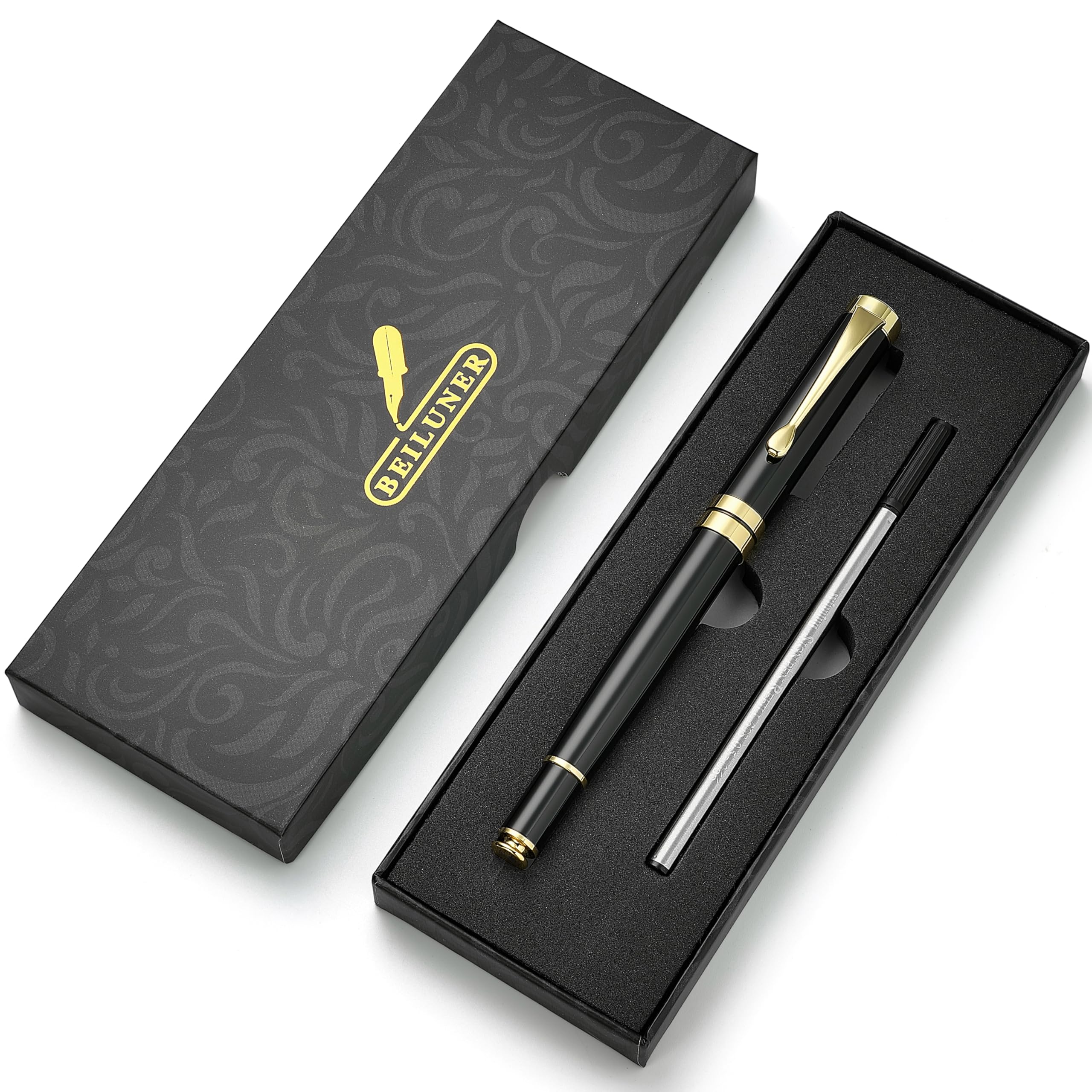BEILUNER Ballpoint Pens, Stunning Black Chrome Metal Pen with Golden Trim, Best Ball Pen Gift Set for Men & Women, Professional, Executive, Office, Nice Pens-Gift Box with 0.5mm Black Extra Refill