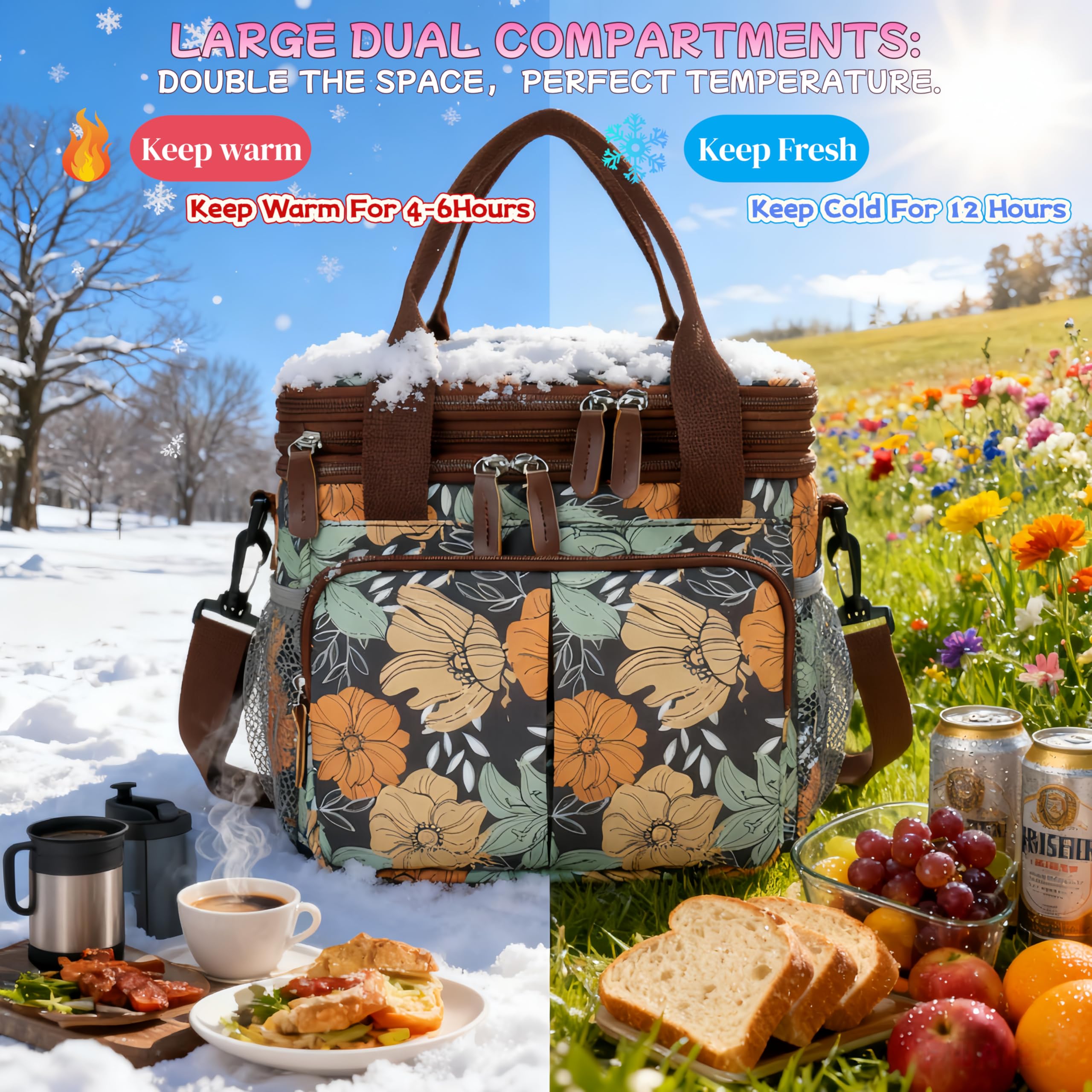 Expandable Insulated Lunch Bag for Women & Men - Large Leakproof Cooler Tote with 8 Pockets(Yellow Flowers)