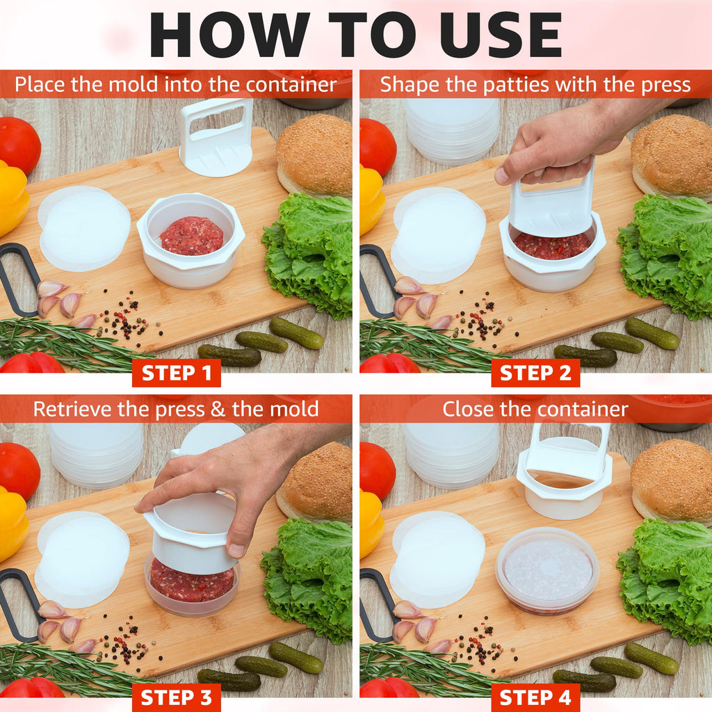 Hamburger Press Patty Maker - 4 in 1, Hamburger Mold, Patty Press, 8 Storage Containers, 100 Patty Papers - Burger Patty Maker Tool for BBQ - Burger Shaper Mold for Meat