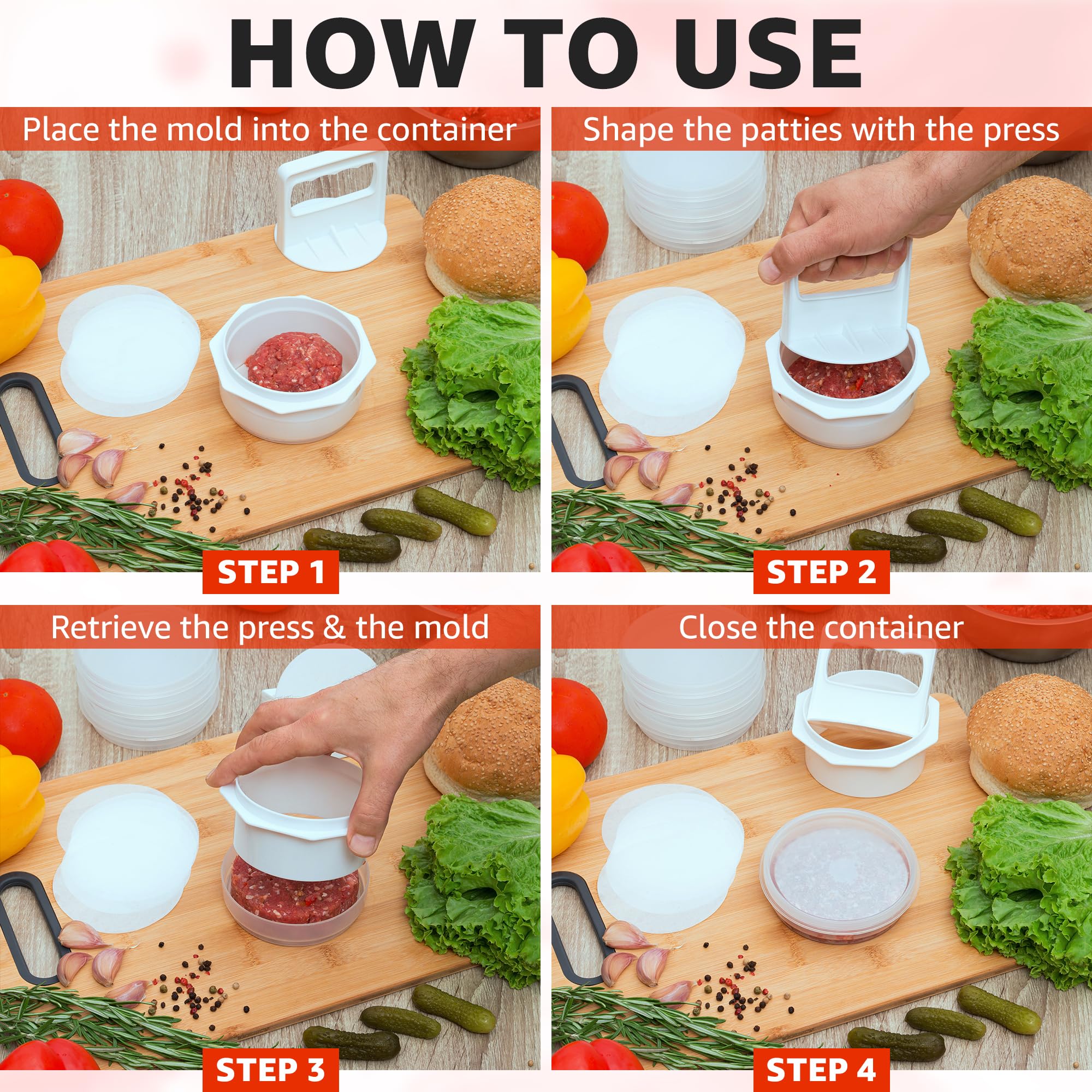 Hamburger Press Patty Maker - 4 in 1, Hamburger Mold, Patty Press, 8 Storage Containers, 100 Patty Papers - Burger Patty Maker Tool for BBQ - Burger Shaper Mold for Meat
