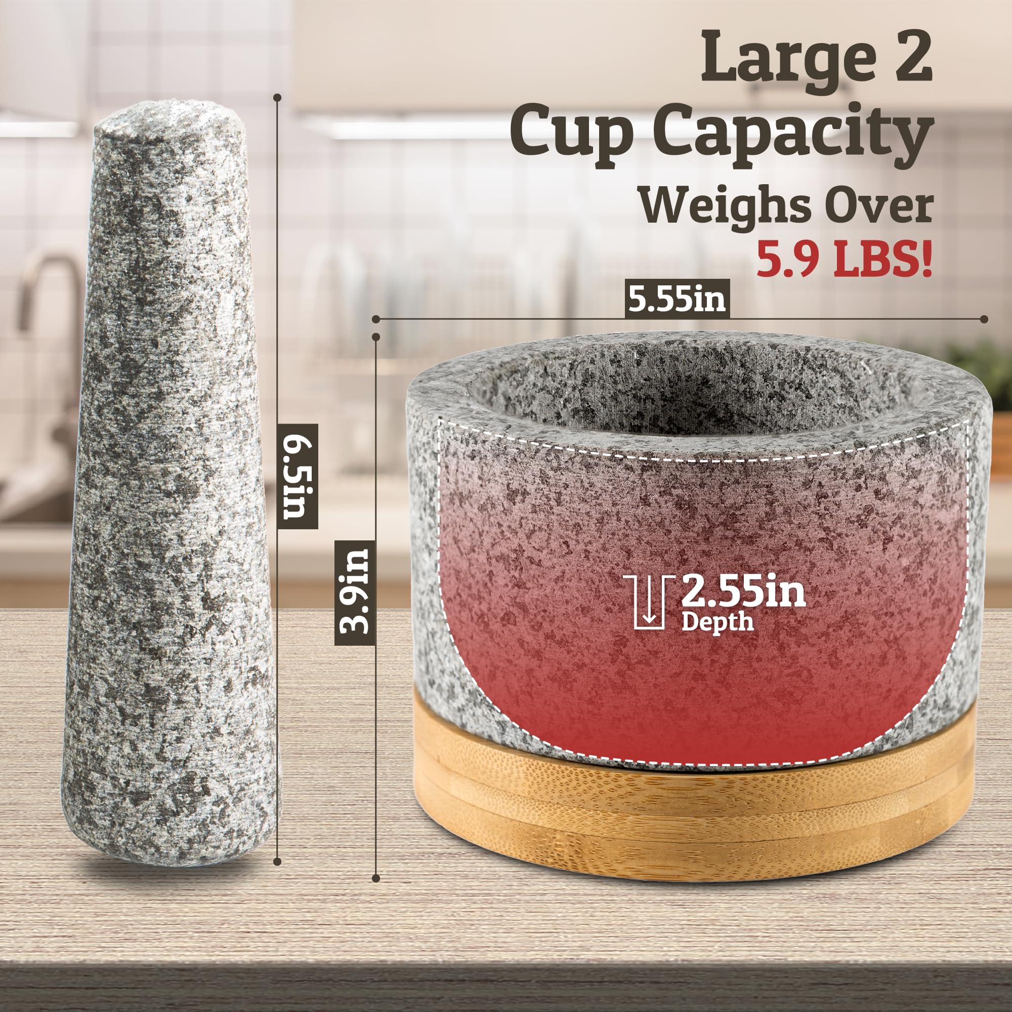 Heavy Duty Mortar and Pestle Set with Bamboo Base, Large 2 Cups, 100% Natural Granite Mortar and Pestle Large Stone Grinder Bowl, Molcajete Bowl, Masher Guacamole Bowls, Unpolished Grey