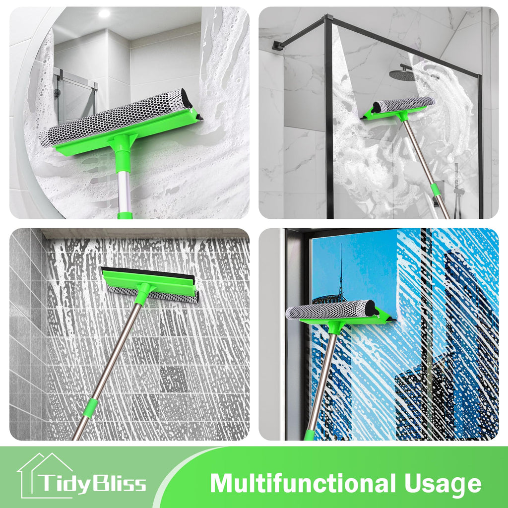 TidyBliss Window Cleaning Tools with Extension Pole 56”, Professional Car Windshield Washing Squeegee Kit, Household Glass Cleaner Sponge Scrubber for Mirror Home Outdoor (Green)