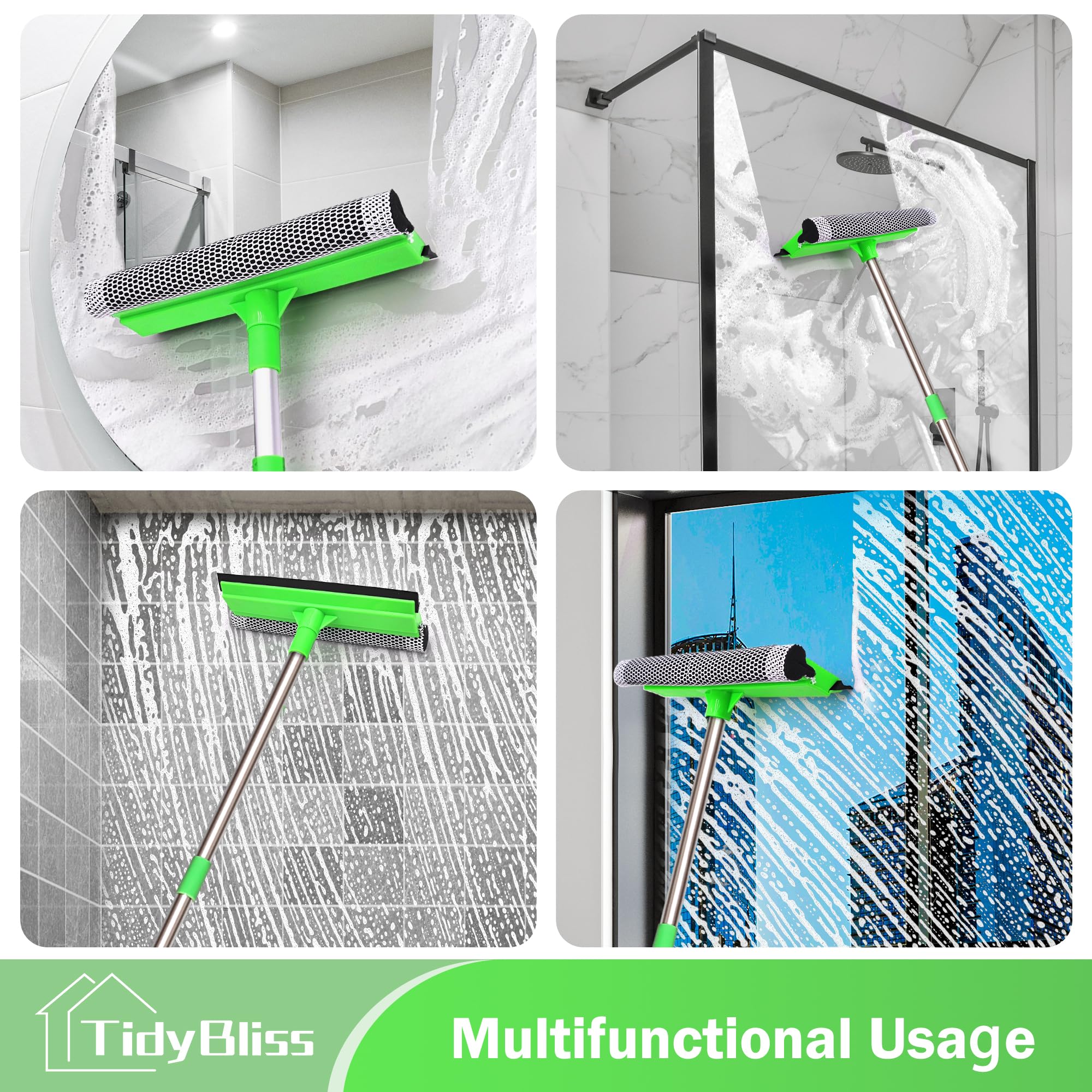 TidyBliss Window Cleaning Tools with Extension Pole 56”, Professional Car Windshield Washing Squeegee Kit, Household Glass Cleaner Sponge Scrubber for Mirror Home Outdoor (Green)