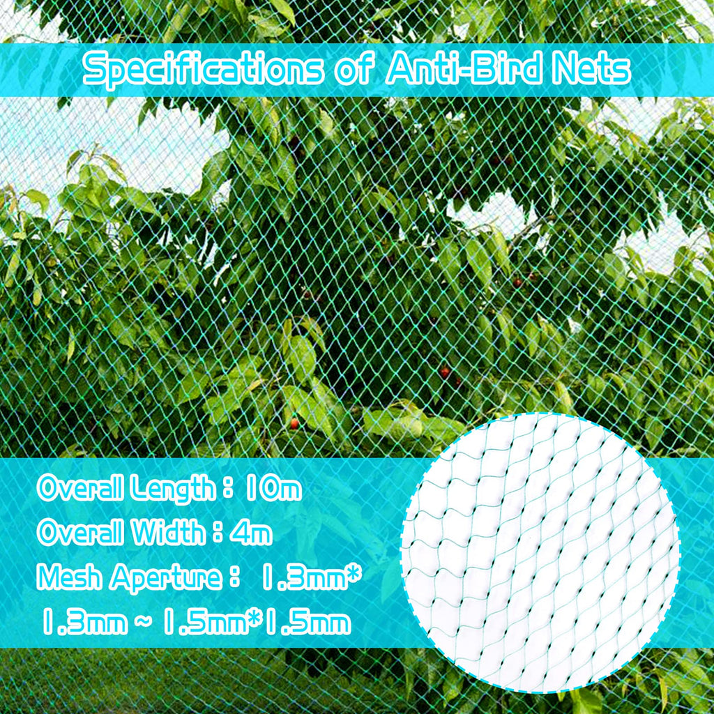 Anti-Bird Netting 33Ft x 13Ft (10m x 4m) Woven with 100Pcs Cable Ties Garden Farm Plants Fencing Mesh Fruits Protector Durable Fish Ponds Cover Green