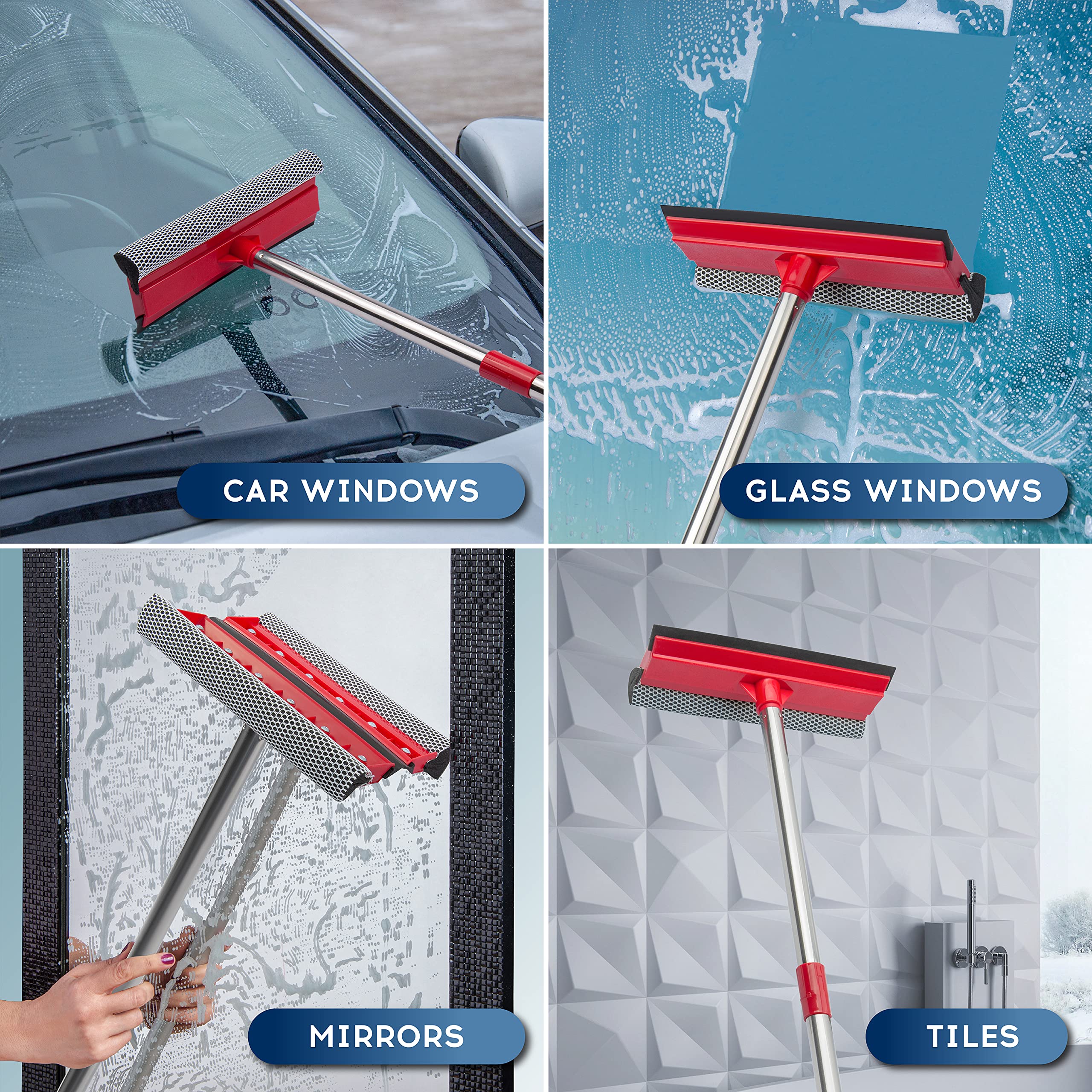 Window Squeegee, 2-in-1 Window Cleaner with 55" Extension Poles, Window Washing Kit, Glass Door Cleaner, Multi-Use Car Windshield Cleaning Tool with Long Handle for High Outdoor Indoor Windows