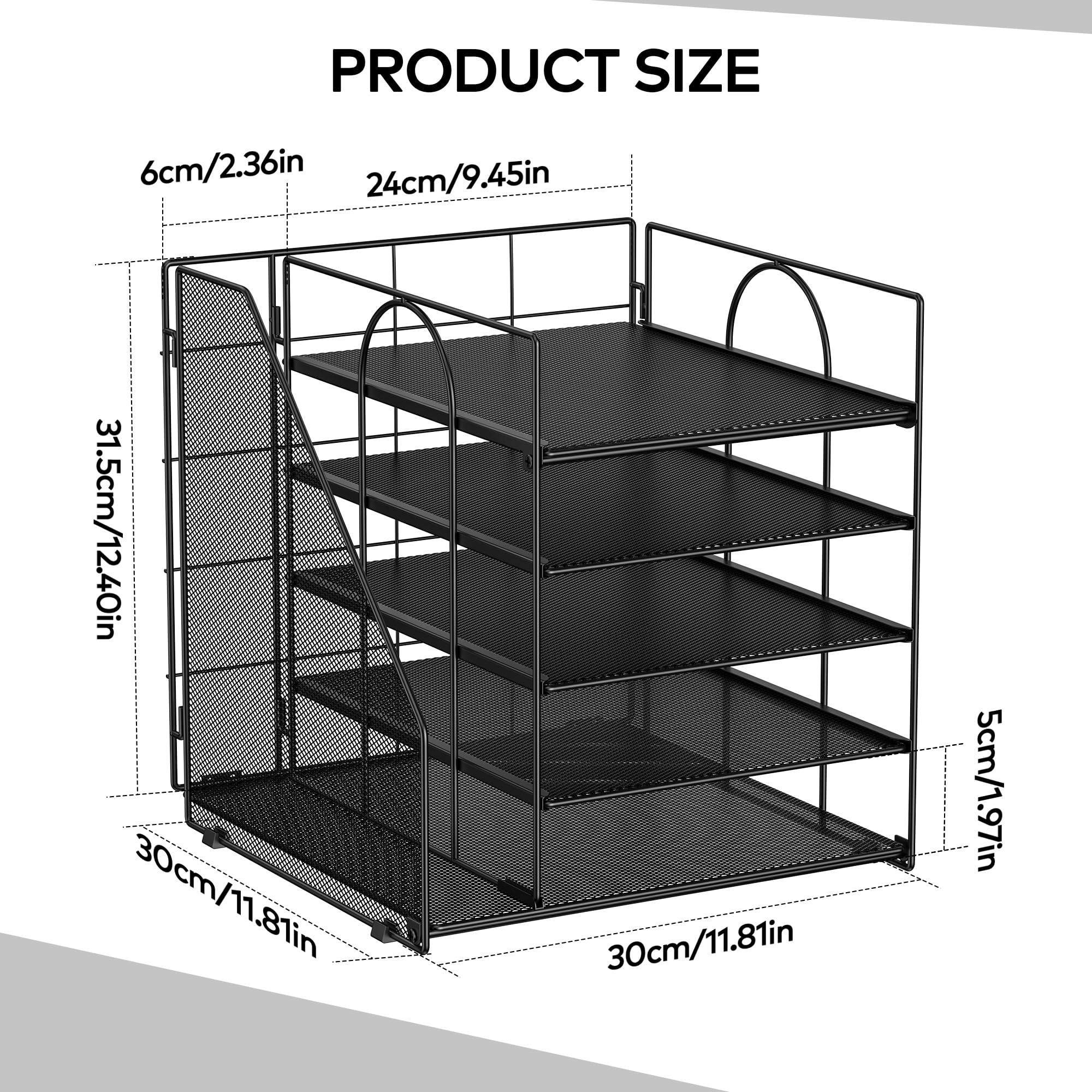 Auvo ADO04 Metal Mesh Desk Organizer, 5-Tier Paper Letter Tray with File Holder, Vertical Magazine/File Holder, Desktop Organizer for Office Supplies, Black