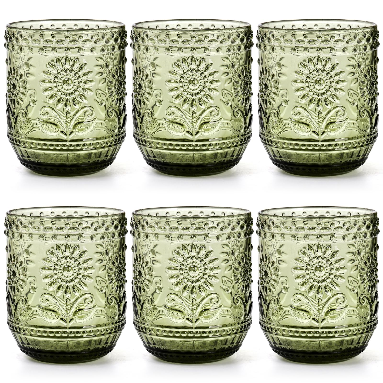 Hacaroa Set of 6 Vintage Drinking Glasses, 12 Oz Green Colored Glassware Floral Embossed Water Glasses, Decorative Glass Tumbler Cups for Beverages, Cocktail, Whiskey, Beer