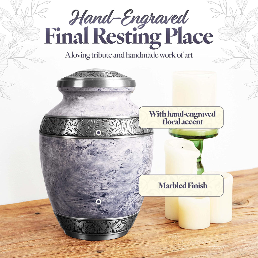 Cremation Urn for Adult Human Ashes - Large Handcrafted Funeral Memorial with Striking White (Pearl) Design (Aluminum - 10 Inch Height x 7 Inch Width)