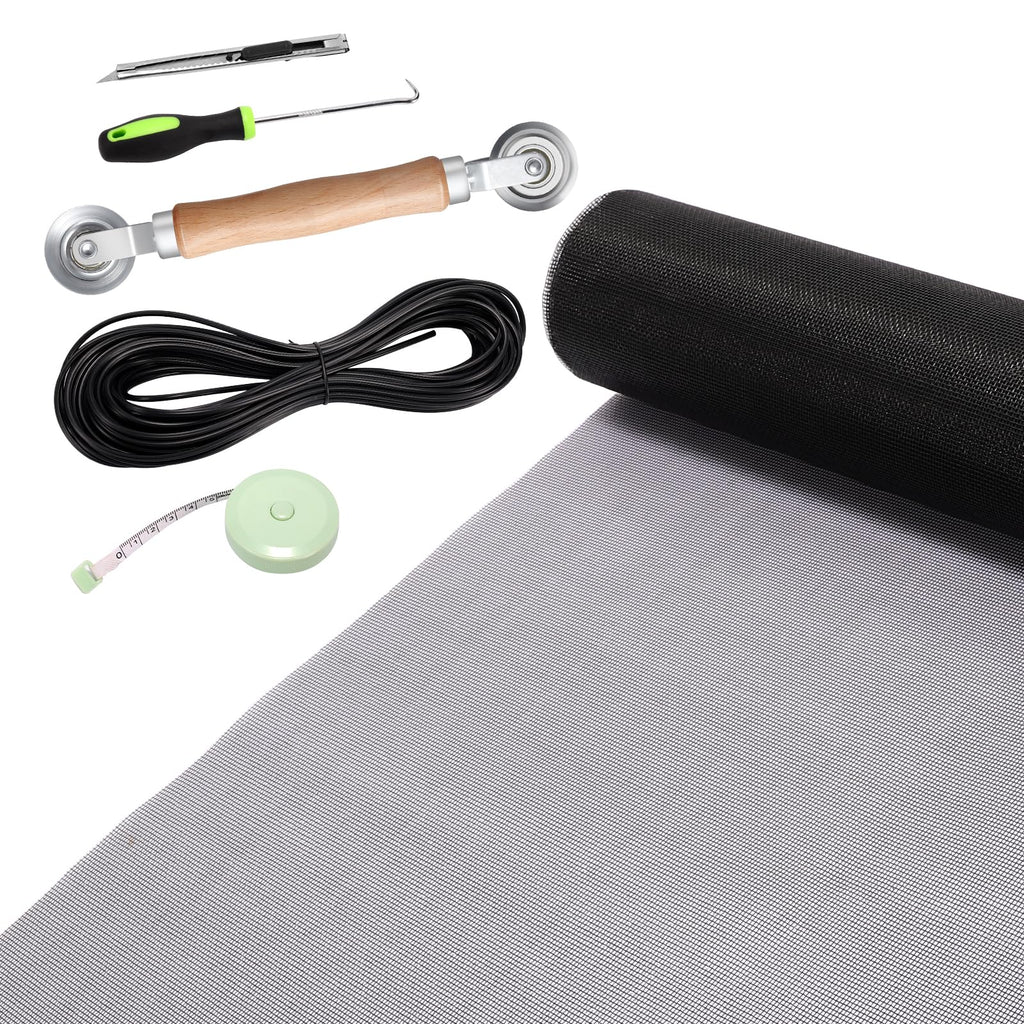 FLYZZZ Screen Door Repair Kit & Window Screen Replacement - 47.2x118inch Fiberglass Mesh with Ergonomic Wooden Roller Tool, 0.14inch Diameter Spline & Measuring Tape (Moustiquaire Rouleau)