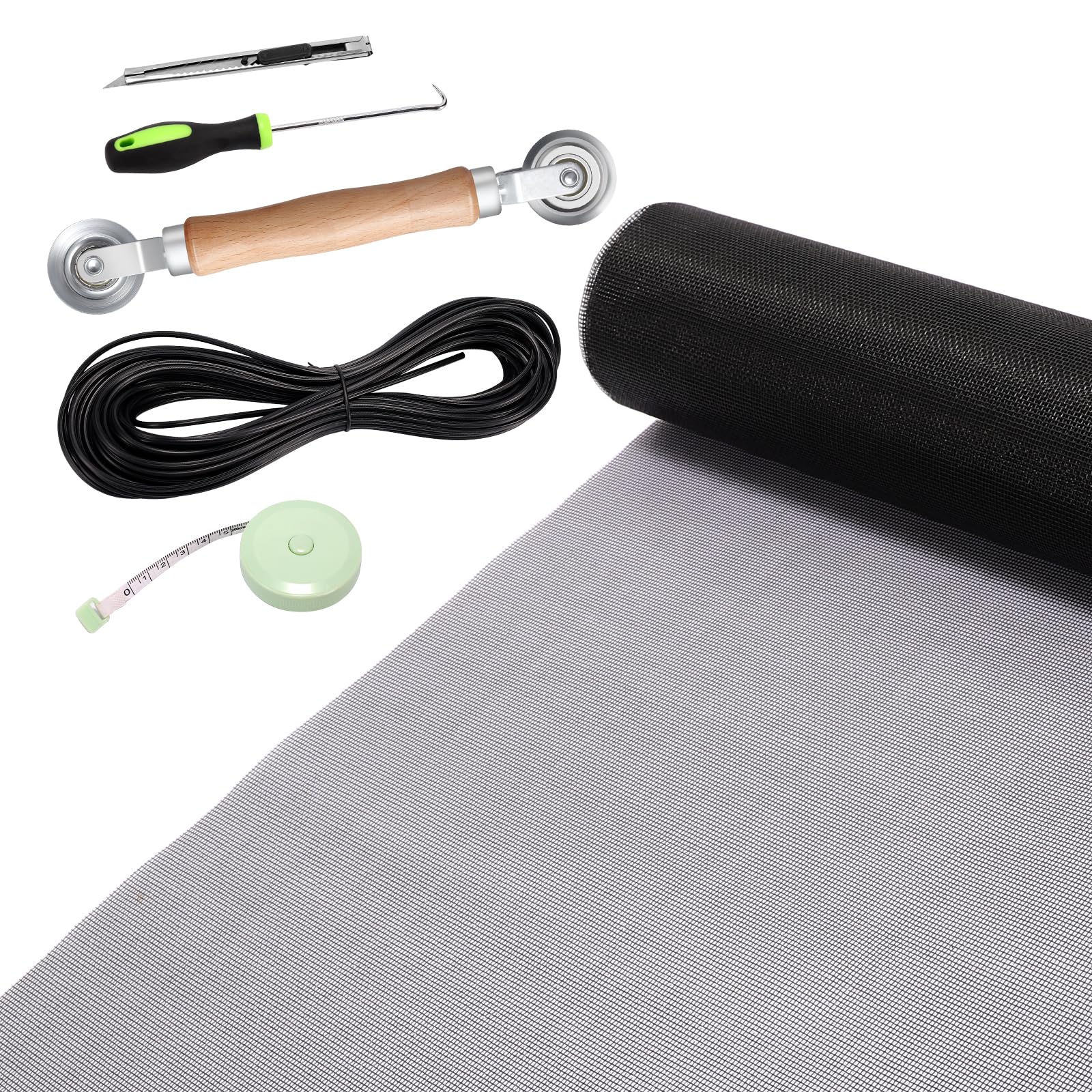 FLYZZZ Screen Door Repair Kit & Window Screen Replacement - 47.2x118inch Fiberglass Mesh with Ergonomic Wooden Roller Tool, 0.14inch Diameter Spline & Measuring Tape (Moustiquaire Rouleau)