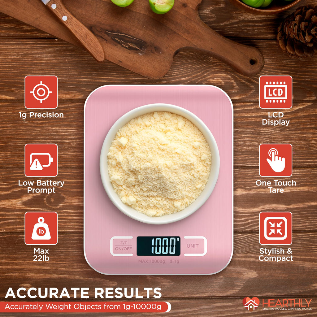22lb Digital Kitchen Scale - 304 Stainless Steel & Tempered Glass Food Scale - Food Weighing Scale with Digital Weight Grams and Ounces with Batteries Included (Pink)