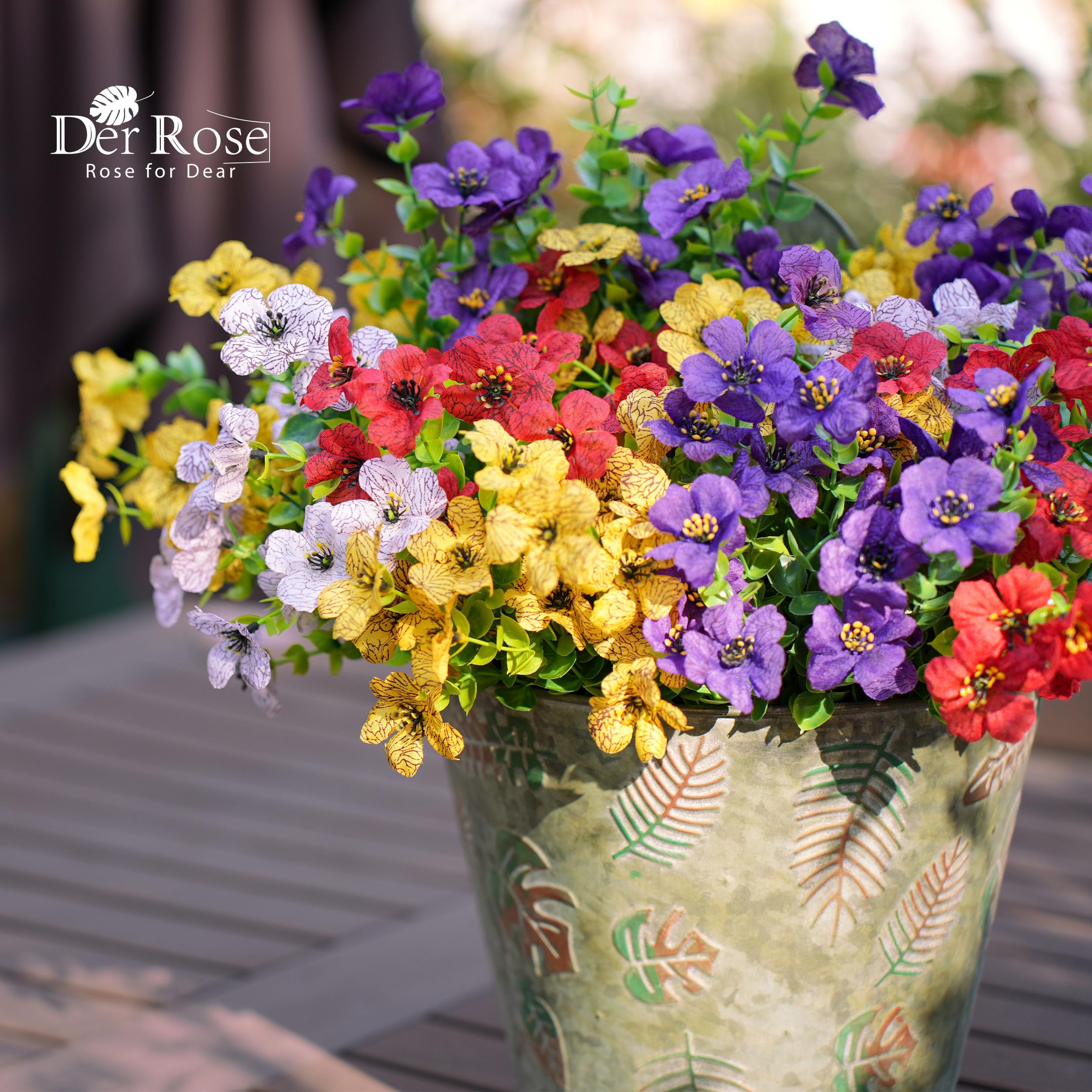 Der Rose 12 Bundles Fake Flowers, Artificial Flowers for Outdoors UV Resistant Colorful Silk Floral Stems for Garden Porch Patio Balcony Decor