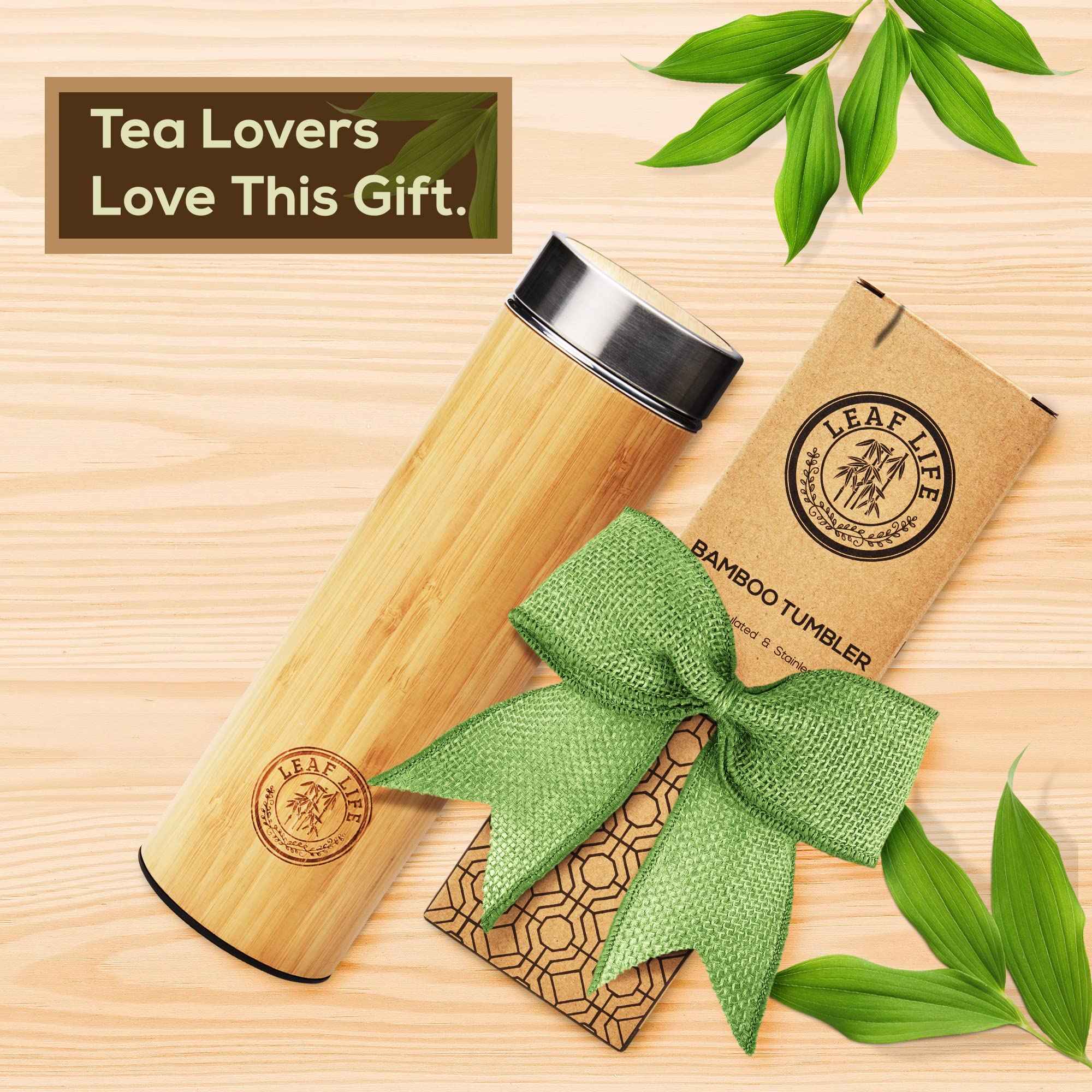 Leaflife Sustainable Bamboo Loose Leaf Tea Tumbler - 17oz Tea Bottle with Infuser - 12 Hrs Hot & Cold-Vacuum Insulated Stainless Steel Tea Gift for Women, Men - Tea Infuser Travel Mug with Lid